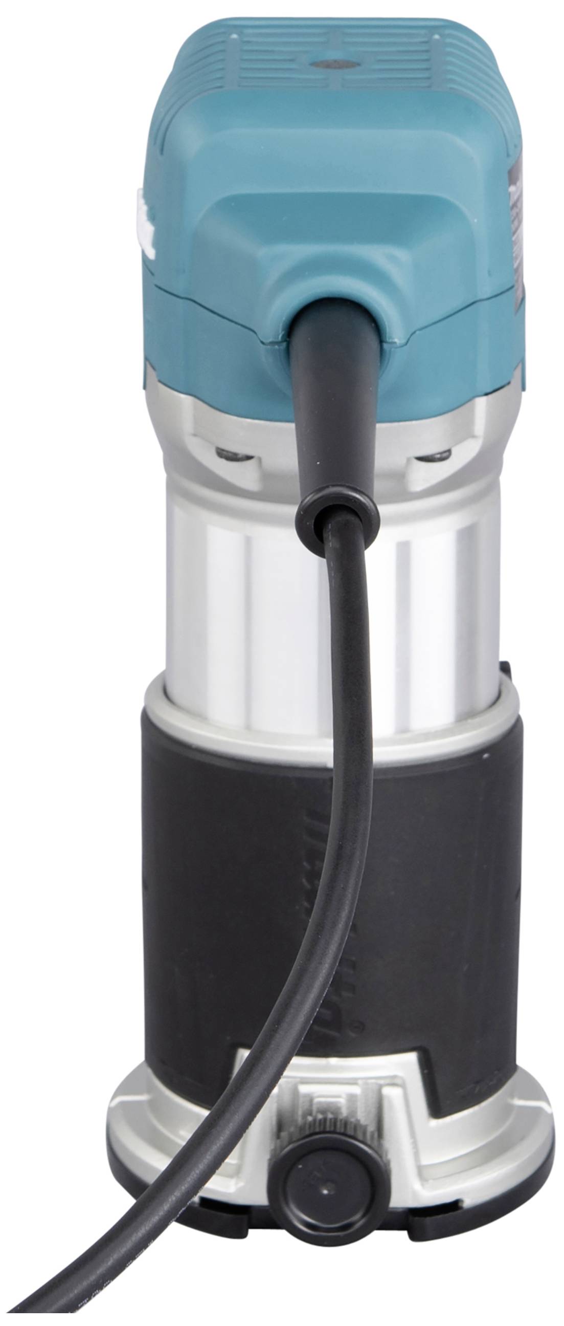 Elektrisch gereedschap met een blauwe behuizing, zwarte basis en stroomkabel. Gebruikt voor nauwkeurige houtbewerkingen.