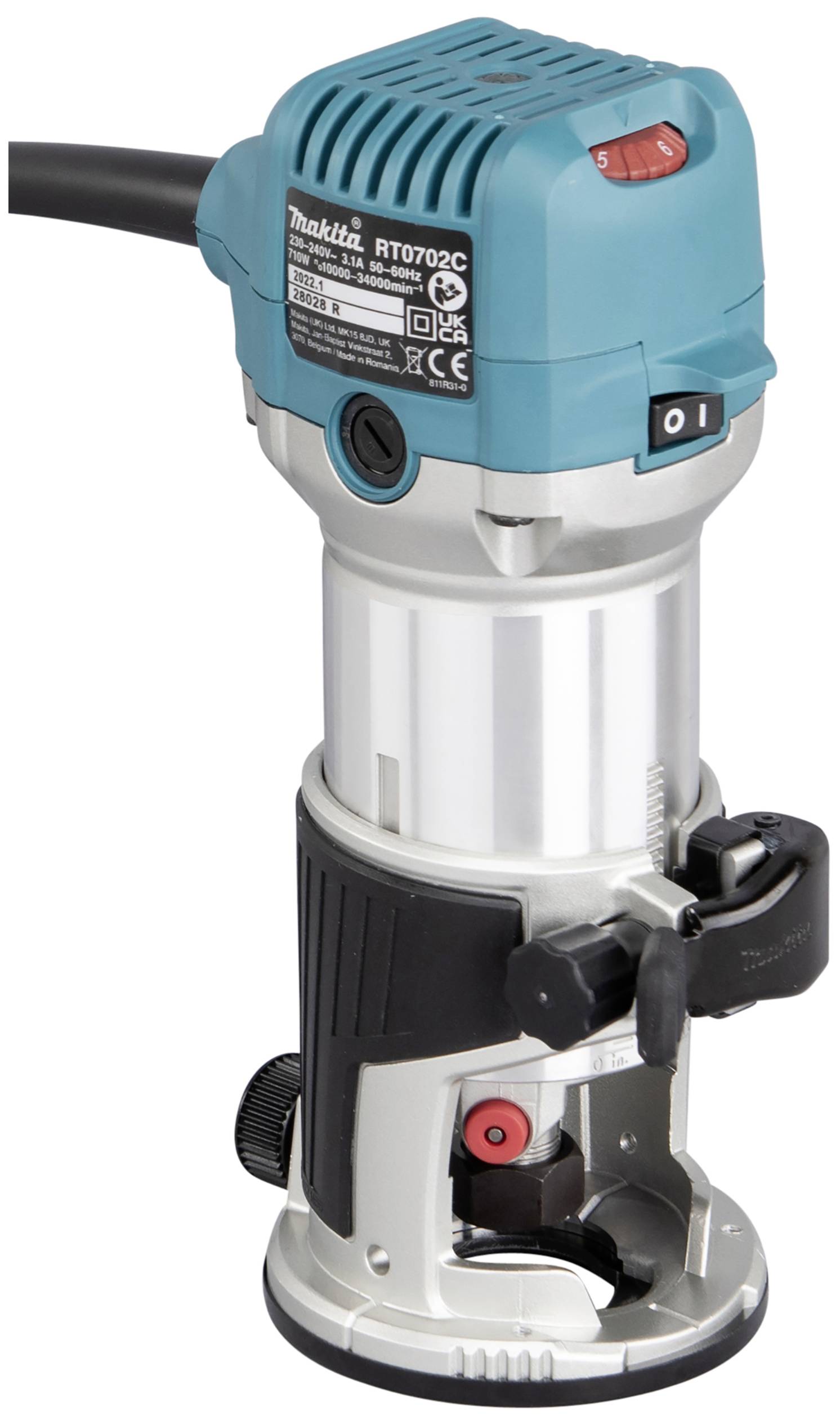 Een blauwe en zilveren elektrische bovenfrees, model 'Makita RT0702C', met netaansluiting en bedieningselementen aan de bovenkant.