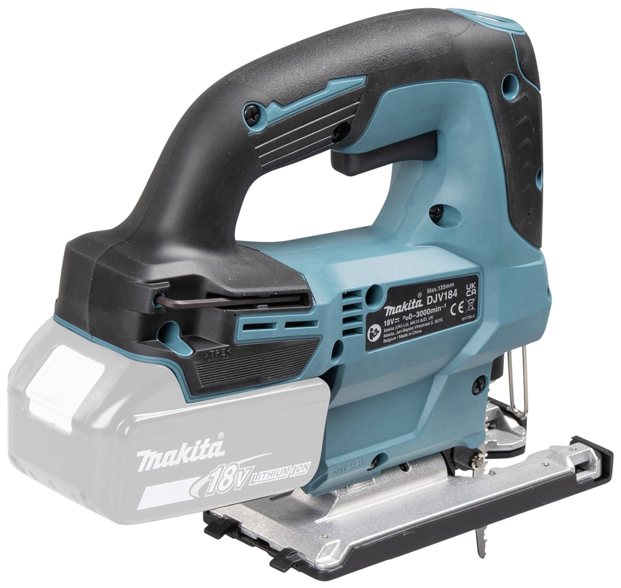 Draadloze decoupeerzaag met ergonomische handgreep, blauw-zwart design, geschikt voor nauwkeurige zaagwerkzaamheden in hout en metaal.