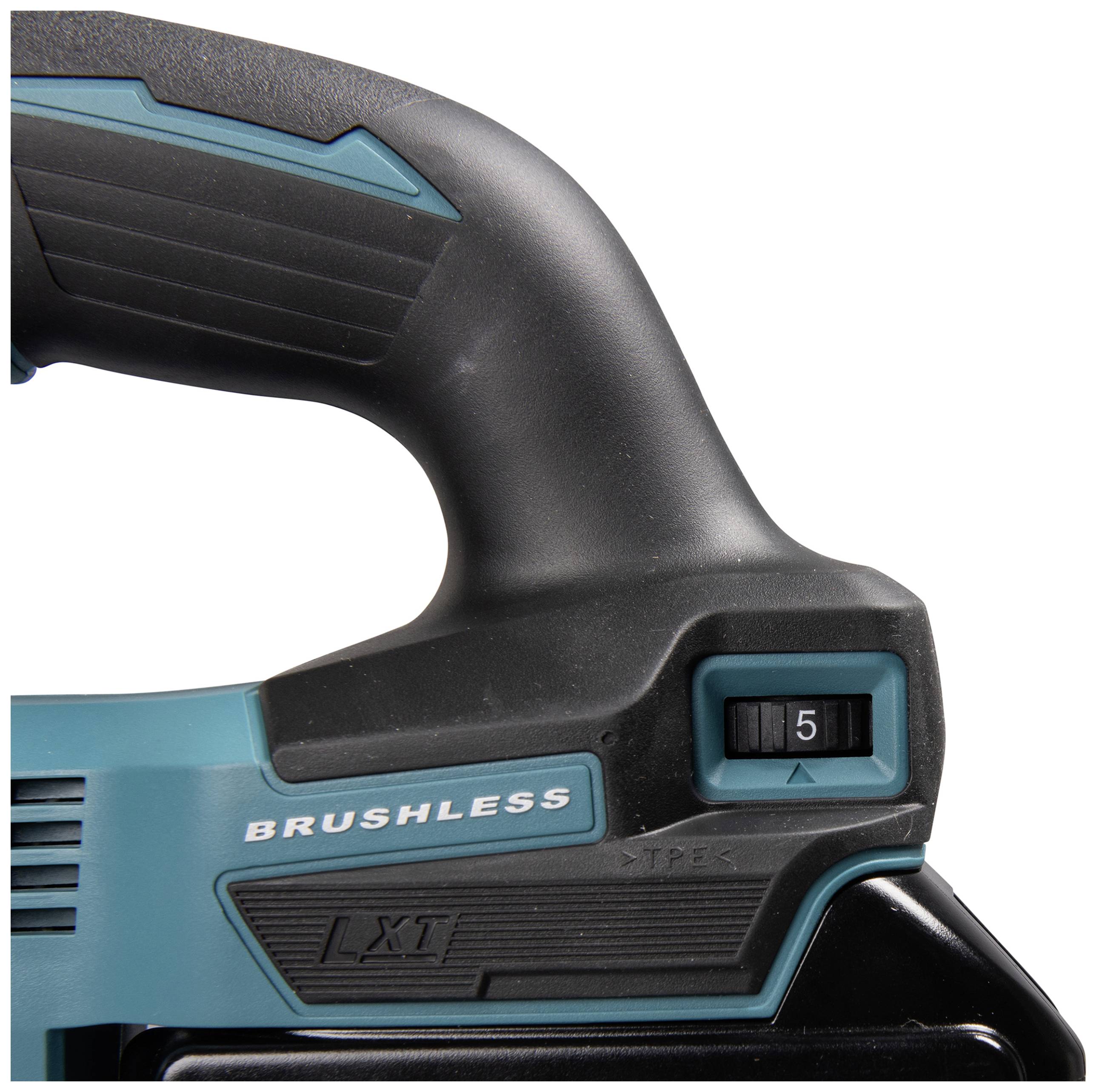 Detailopname van een zwart en turquoise gereedschap met een schakelaar op stand 5. Teksten: 'BRUSHLESS', 'LXT'.