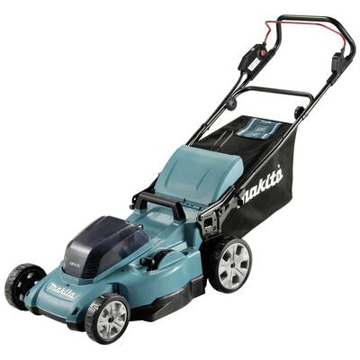Een turquoise grasmaaier van het merk Makita met accuvoeding en een grote opvangbak, geschikt voor middelgrote tuinen.