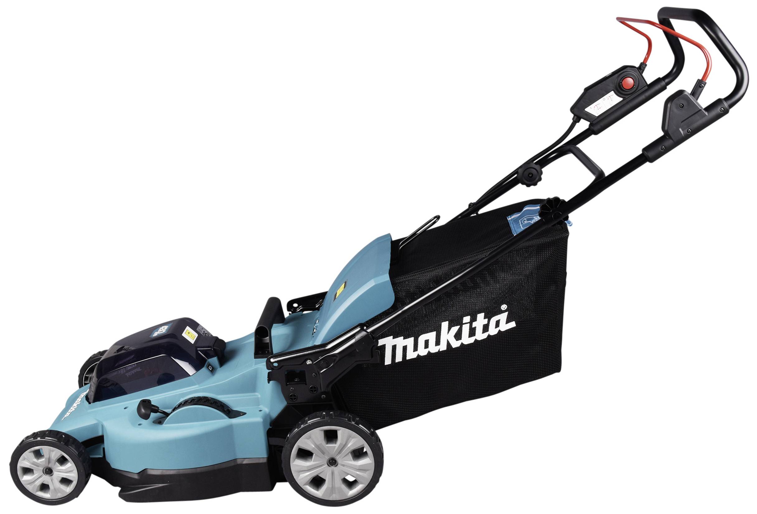 Een turquoise elektrische grasmaaier met een zwarte opvangbak. Het merk 'Makita' is op de bak gedrukt.