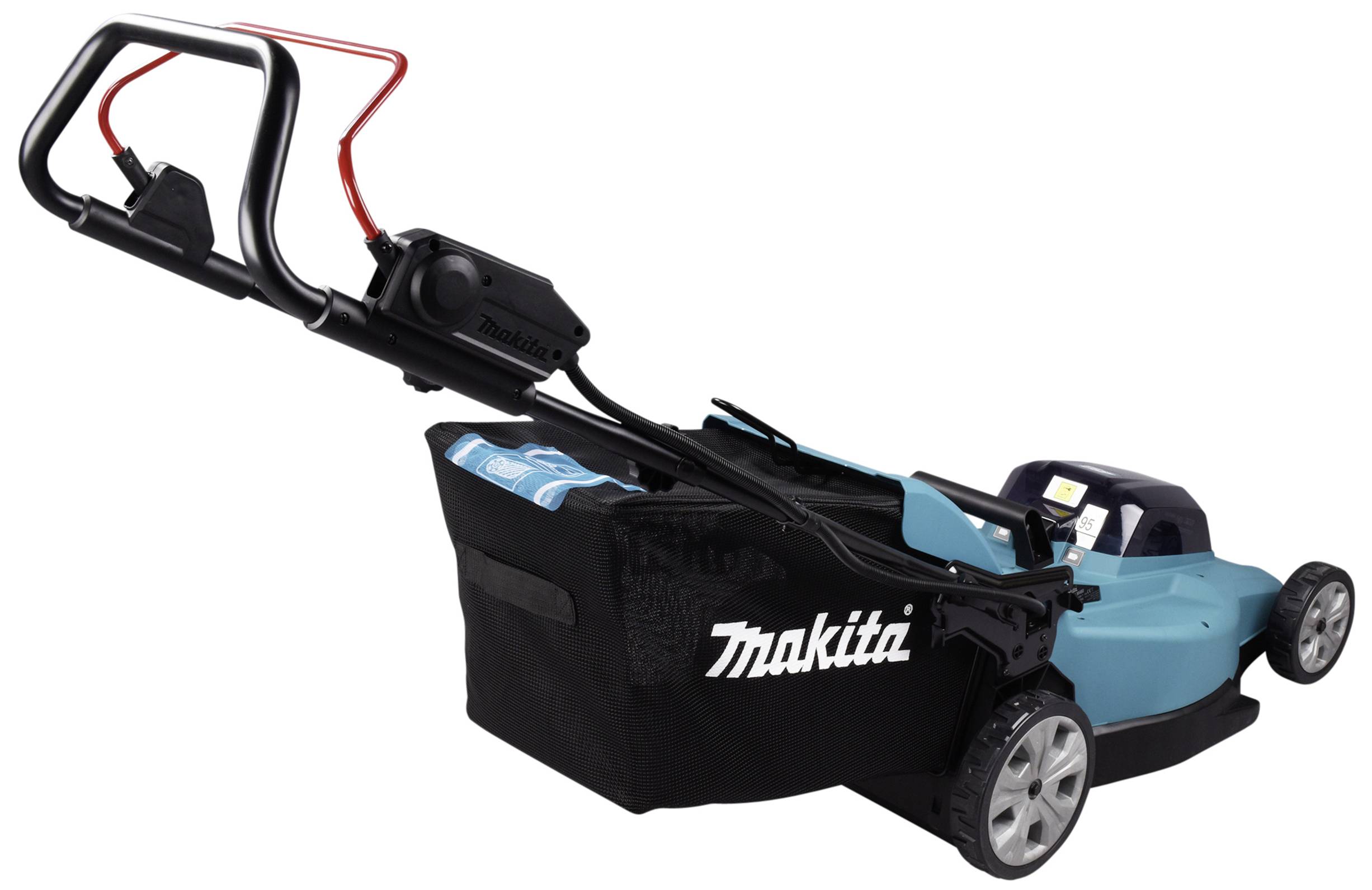 Elektrische grasmaaier met achteruitwerpopvangbak van Makita, zwart-blauw, gefotografeerd van opzij op een witte achtergrond.