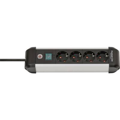 Een stekkerdoos met vier ronde stopcontacten, een aan/uit-schakelaar en een aangesloten voedingssnoer.