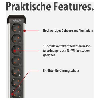 Advertentiegrafiek van een stekkerdoos met titel 'Praktische functies.': Aluminium behuizing, 10 veiligheidscontactstekkers in 45°-opstelling en verhoogde aanraakbeveiliging.