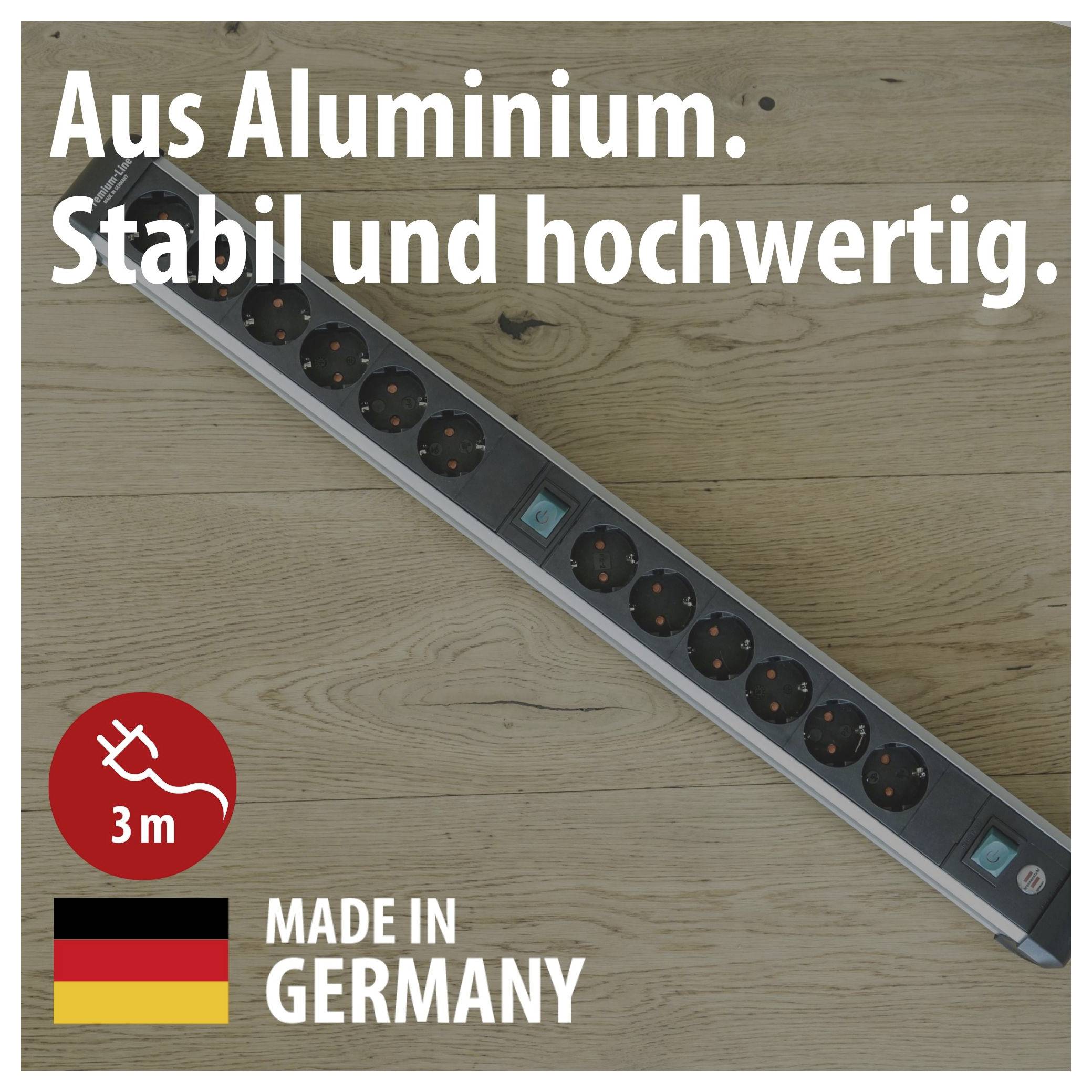 Advertentieafbeelding van een aluminium stekkerdozenstrip op houten vloer met tekst 'Van aluminium. Stabiel en hoogwaardig.', '3 m' en 'Gemaakt in Duitsland'.