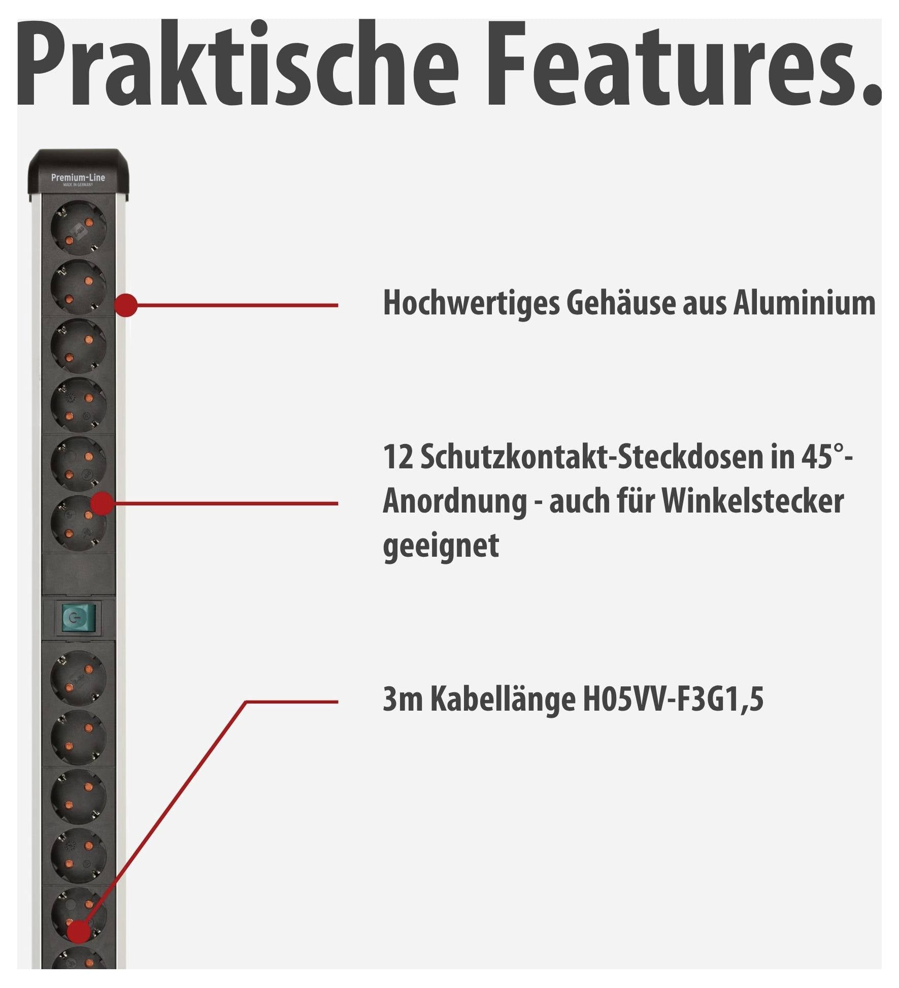 Advertentiegrafiek van een stekkerdoos met 'Praktische Features': aluminium behuizing, 12 geaarde contactdozen in 45°-opstelling en 3 m H05VV-F3G1,5-kabel.