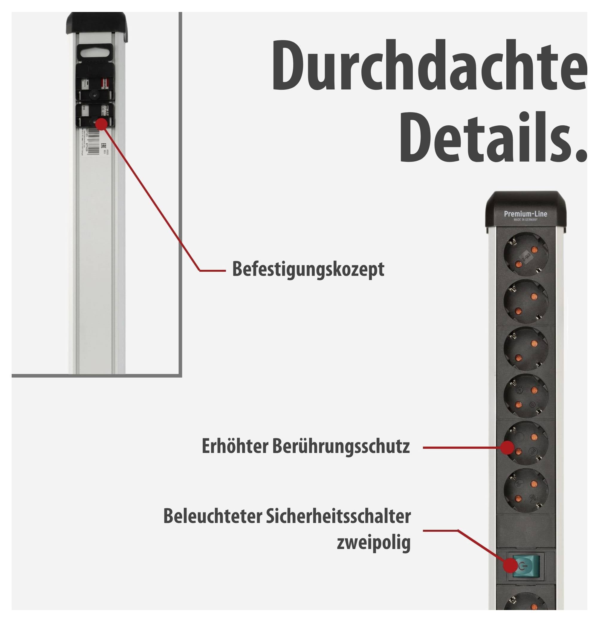 Reclame voor een stekkerdoos: Titel 'Doordachte details.'; gemarkeerd zijn het bevestigingsconcept, verhoogde aanraakbeveiliging en verlichte veiligheidsschakelaar.