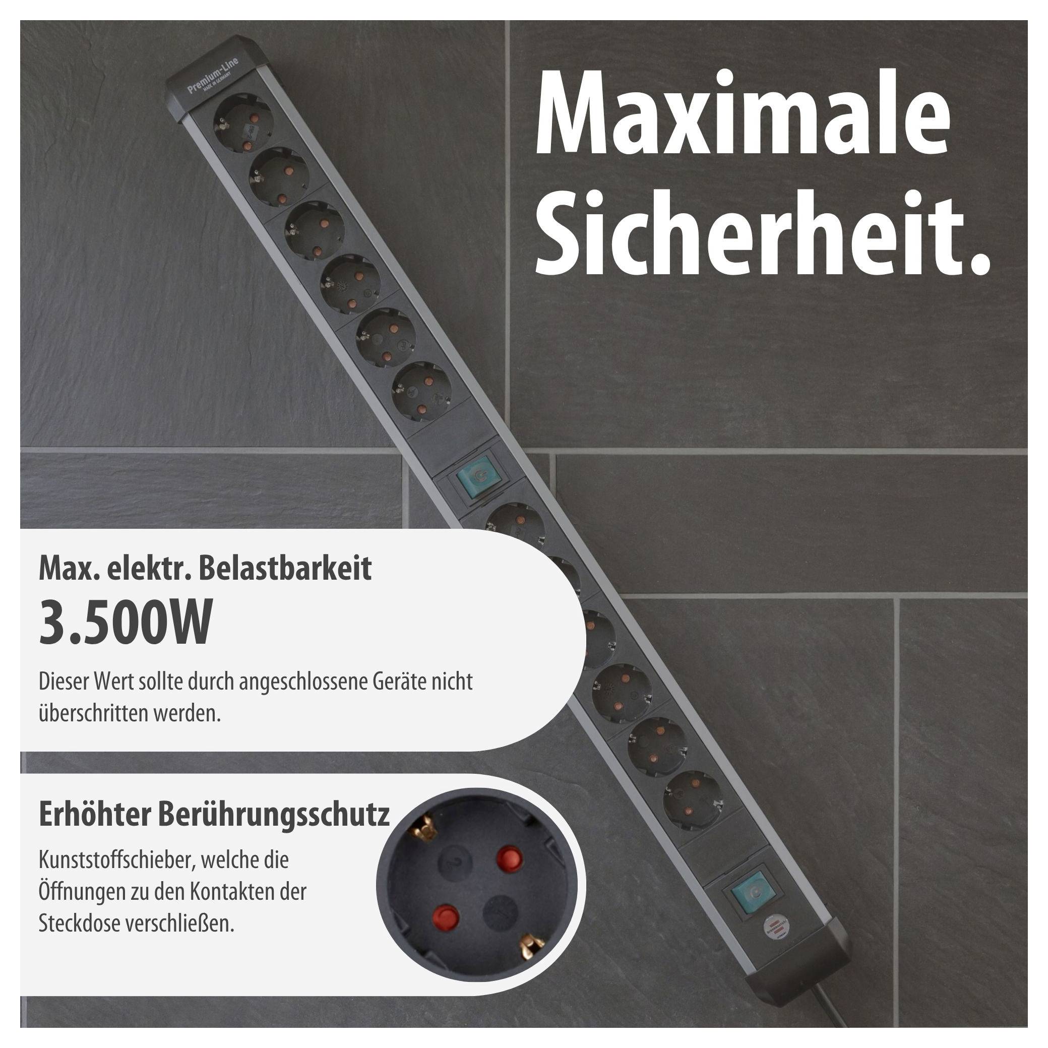 Reclame voor een stekkerdoos: 'Maximale veiligheid', maximale elektrische belastbaarheid 3.500 W en verhoogde aanraakbeveiliging door kunststofschuiven.