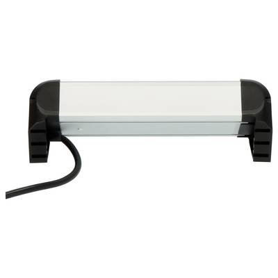 Zwart en doorzichtig fluorescent lichtarmatuur met stroomkabel, afgebeeld op een witte achtergrond.