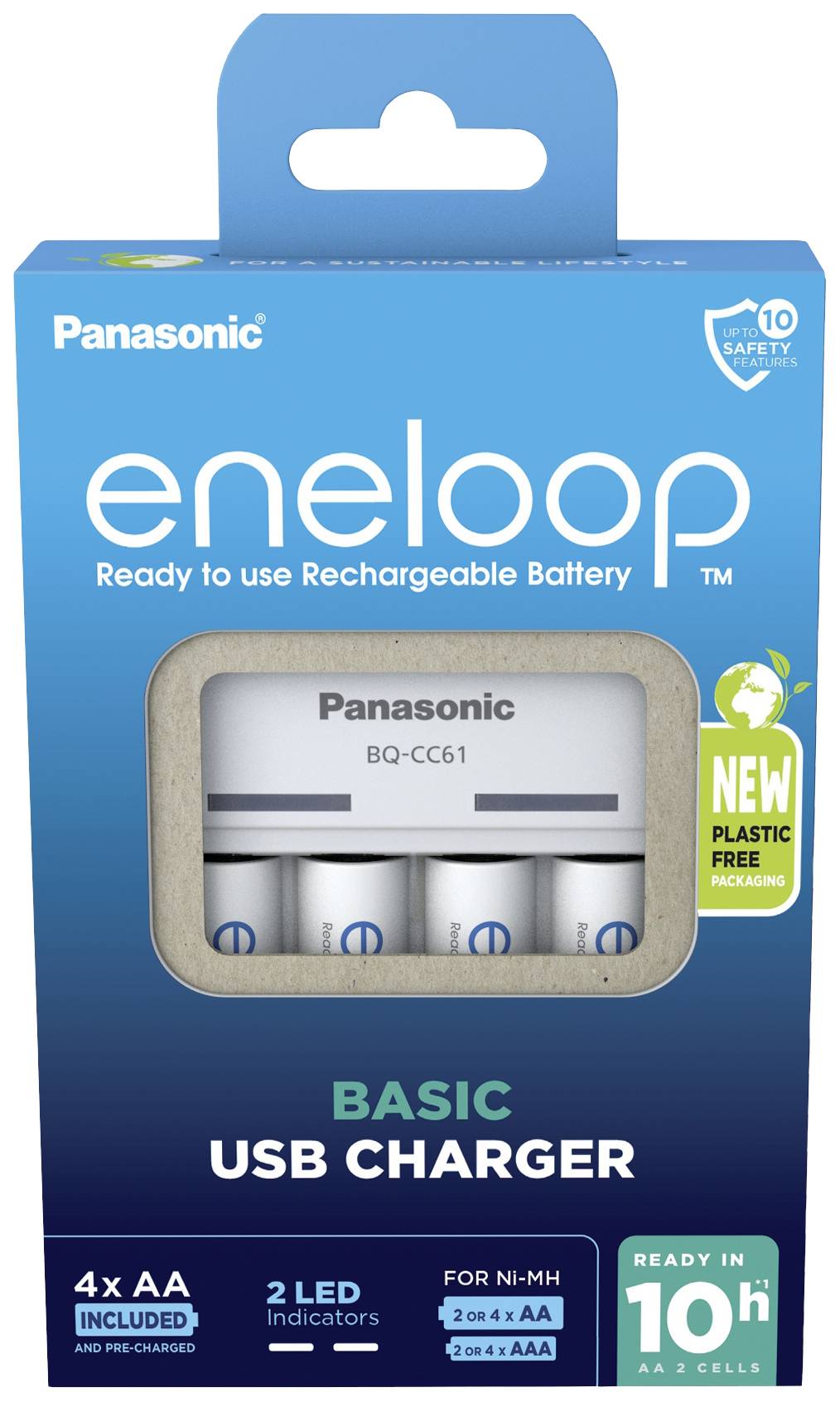 Oplader 'Panasonic eneloop' met vier AA-batterijen, geschikt voor Ni-MH-batterijen. Vermelding van nieuwe verpakking zonder plastic en een laadtijd van 10 uur.