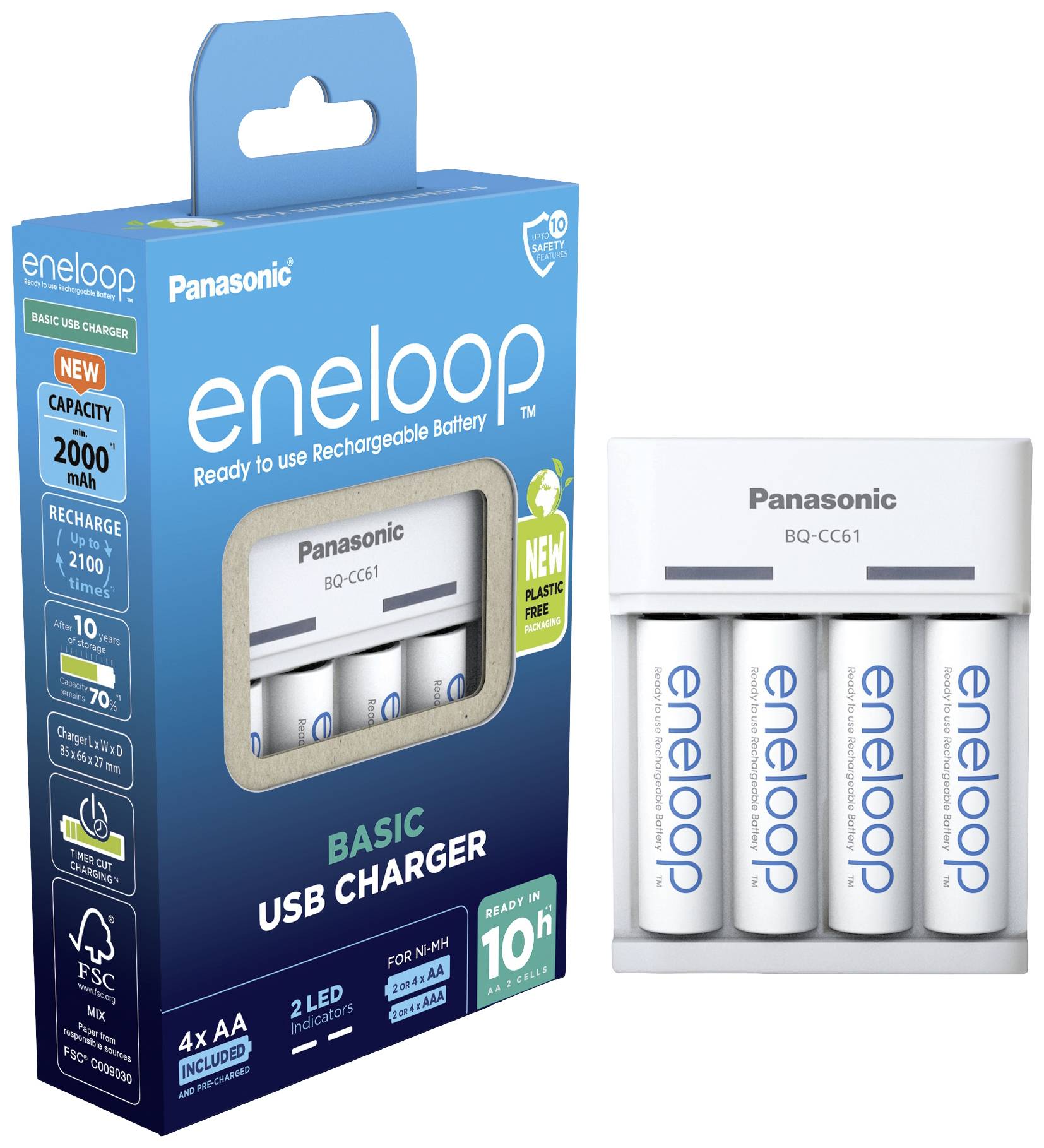 Oplader met vier AA-batterijen in verpakking. Opschrift 'eneloop' van Panasonic. Batterijcapaciteit: 2000 mAh, oplaadbaar.