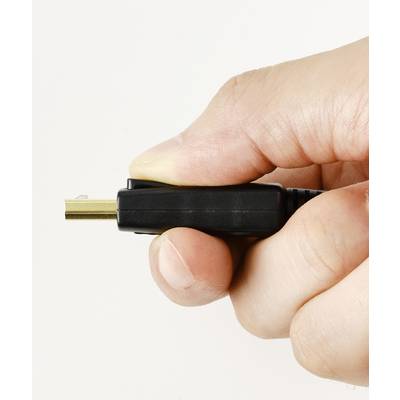 Een hand houdt een zwarte kabelstekker met gouden contactoppervlakken, voor een witte achtergrond.