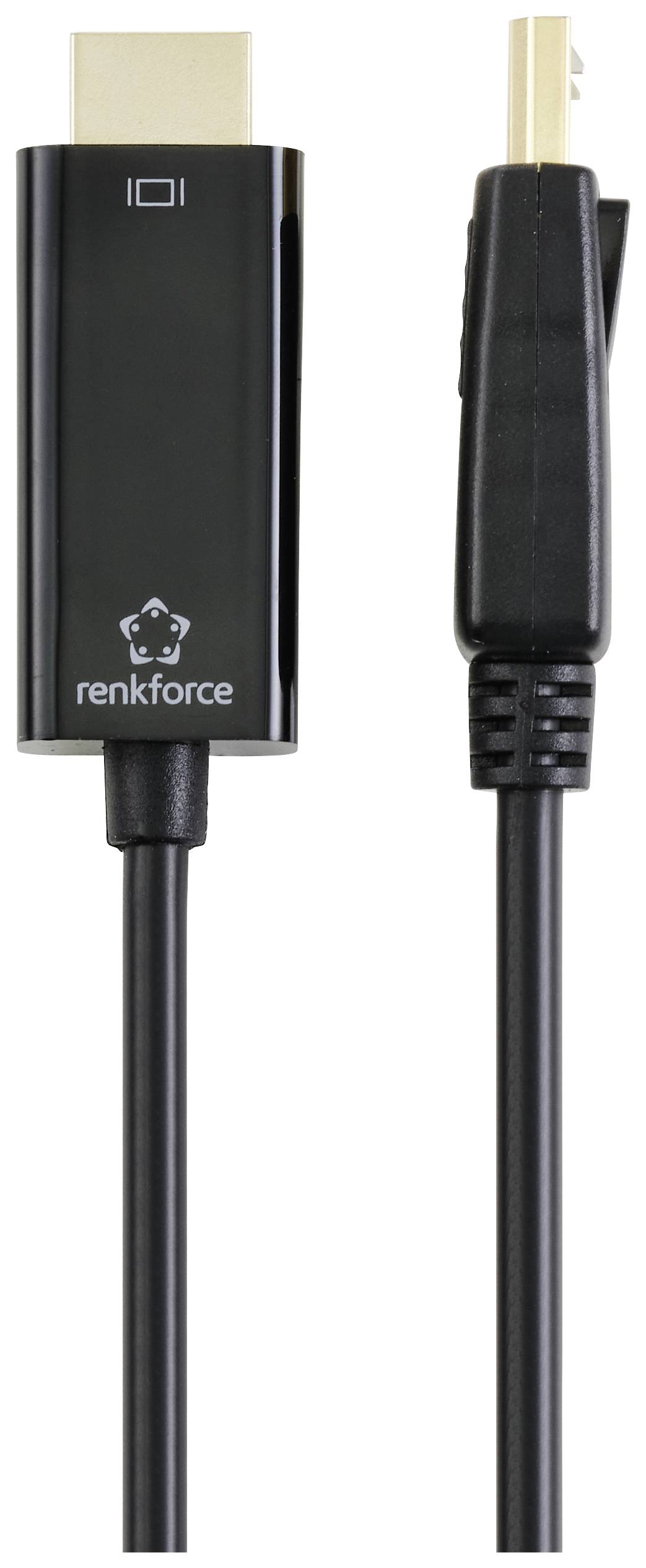 Een zwarte HDMI-kabel met een USB-C-connector, fabriekslogo 'renkforce' zichtbaar. Geschikt voor audio- en video-overdracht.