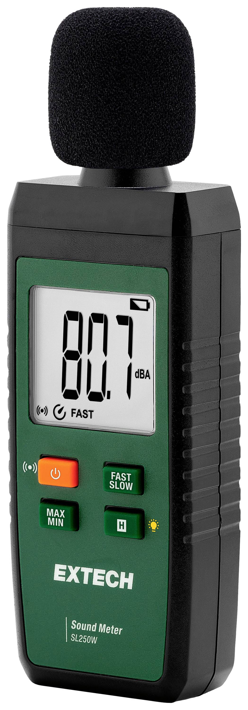 Geluidsmeetniveau-indicator met digitaal display toont '80.7 dBA'. Apparaat is zwart-groen en heeft een zwarte schuimrubberen afdekking bovenop.