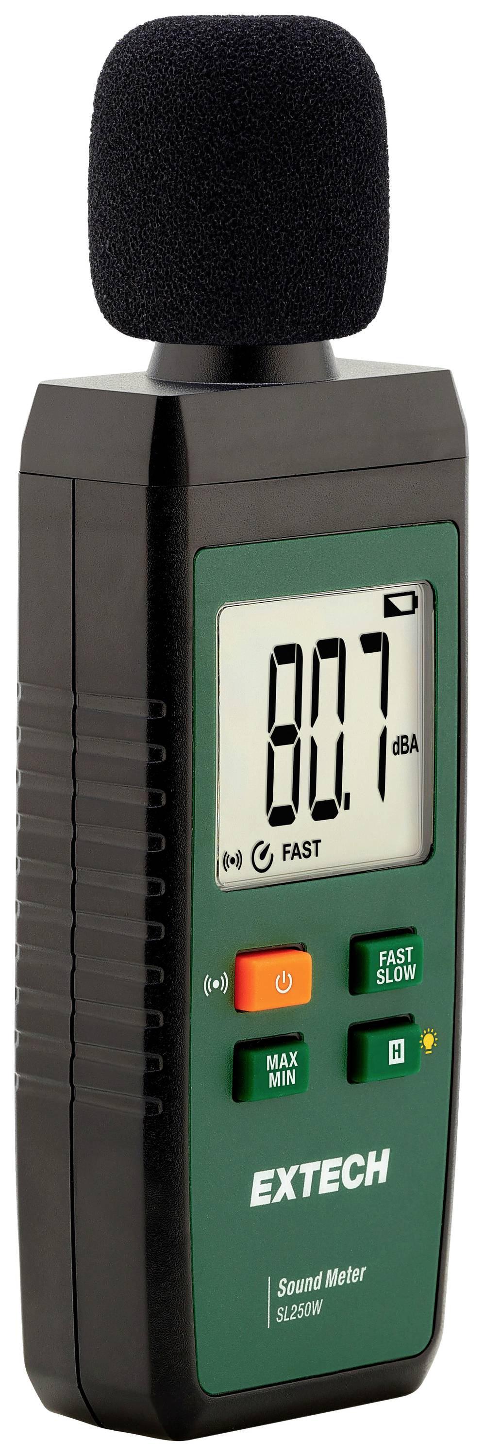 Geluidsniveaumeter met digitaal display toont '80,7 dBA'. Apparaatfunctietoetsen: Max/Min, Snel/Langzaam, Start/Stop rechts.