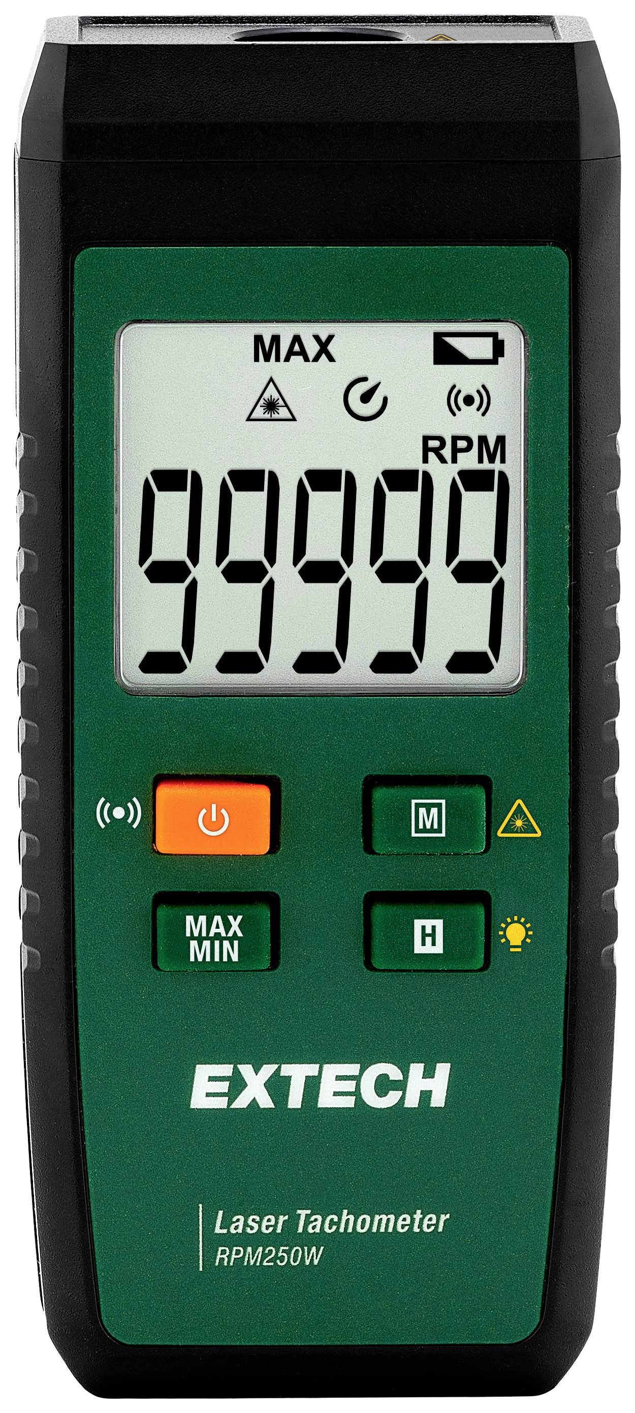 Digitale lasertoerenteller met groot display toont '99999 RPM'. Apparaat heeft knoppen voor Start, Stop en Verlichting. Markering 'EXTECH RPM250W'.