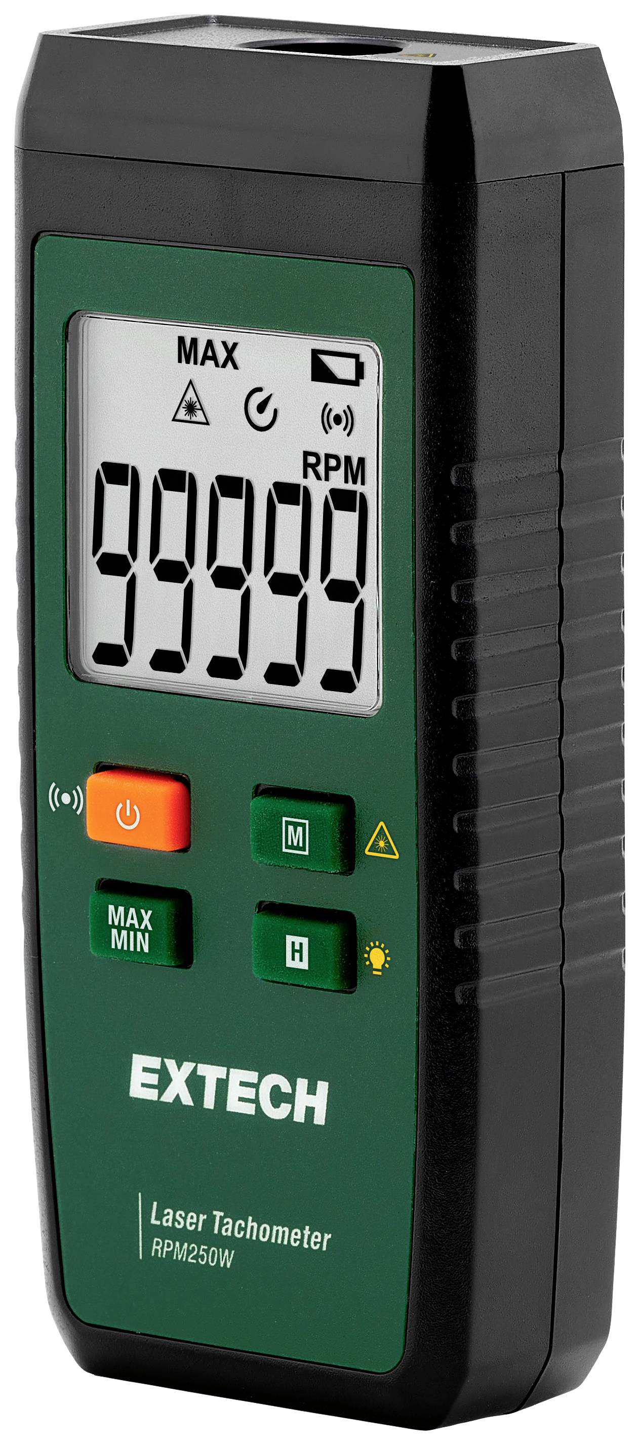 Een digitaal lasertoerentalometer met een display toont '99999' RPM. Het heeft knoppen voor verschillende instellingen en draagt het opschrift 'EXTECH'.