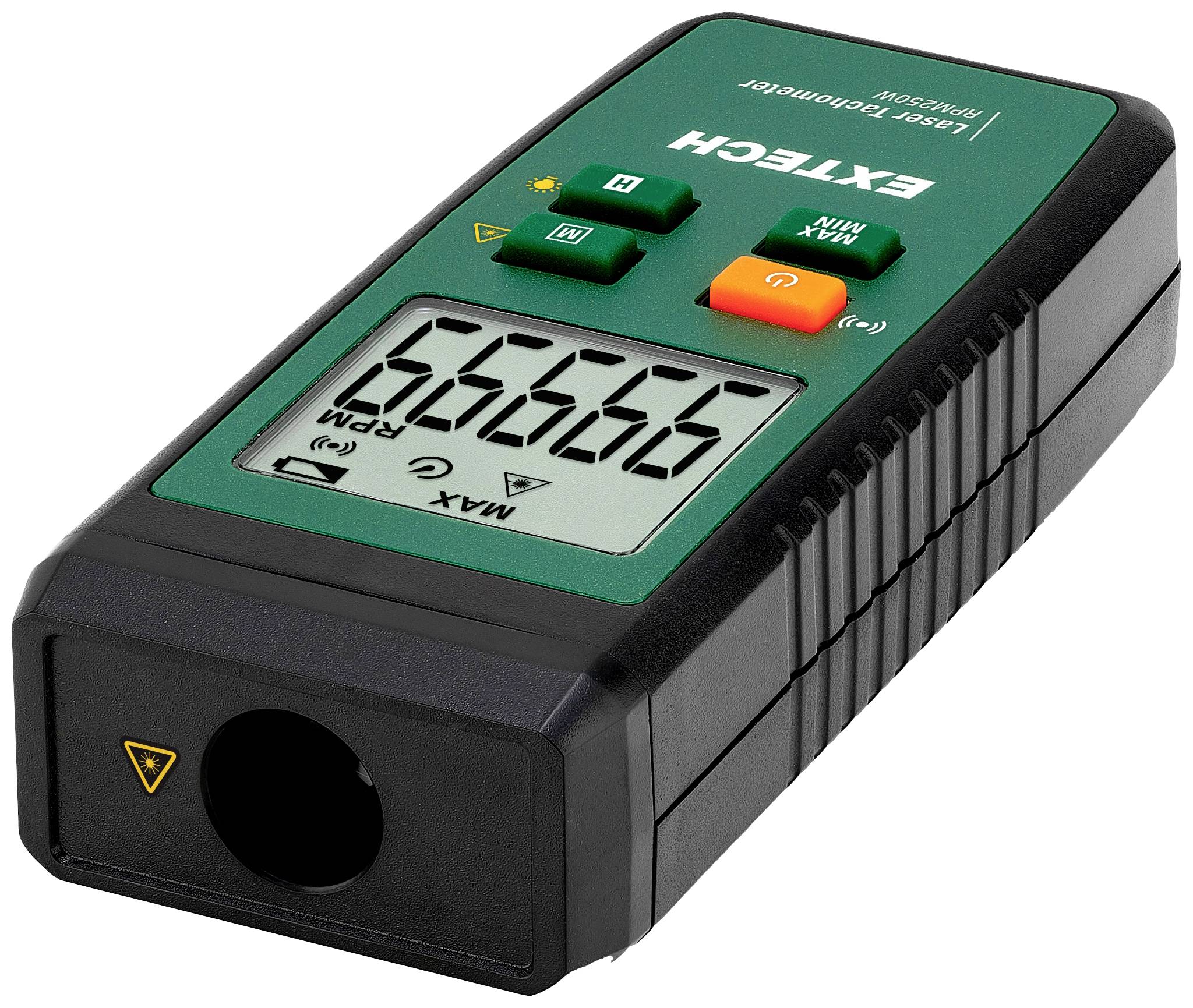 Een lasertachometer met een digitaal display dat '65535 RPM' toont. Het apparaat heeft groene en oranje bedieningsknoppen.