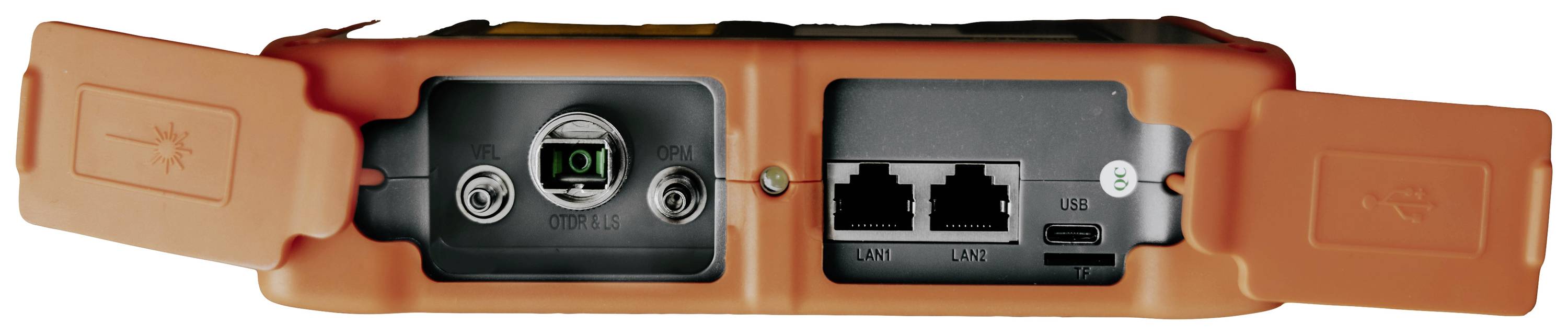 'Meetapparaat met twee Ethernet-aansluitingen en aan/uit-schakelaar, omgeven door een oranje beschermhoes met afdekkleppen.'