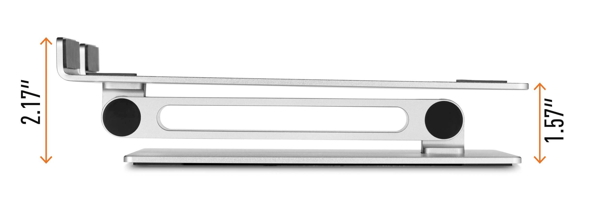 Zijaanzicht van een zilveren laptopstandaard met de afmetingen '2,17 inch' en '1,57 inch'.