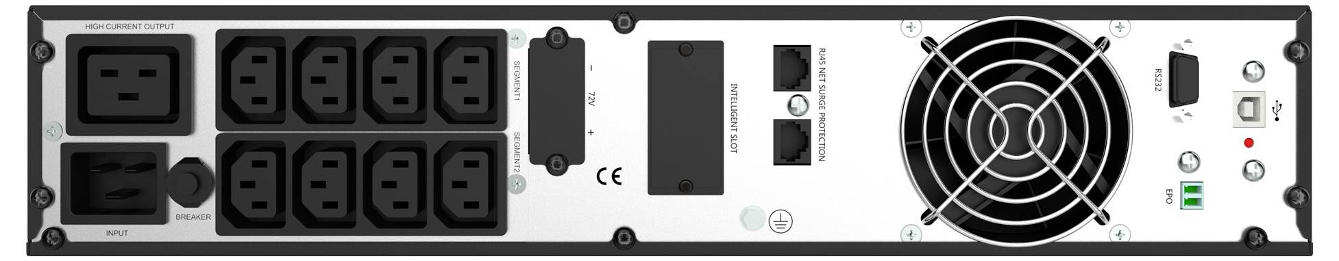 De achterkant van een rack-mountable stroomverdeler met meerdere stopcontacten, ventilatoren, schakelaars en een CE-markering.