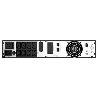 De achterkant van een rack-mountable stroomverdeler met meerdere stopcontacten, ventilatoren, schakelaars en een CE-markering.