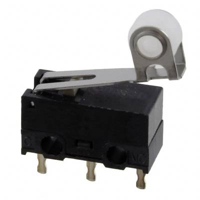 Zwarte microswitch met hefboom, metalen arm en witte rol, geschikt voor verschillende elektronische toepassingen.