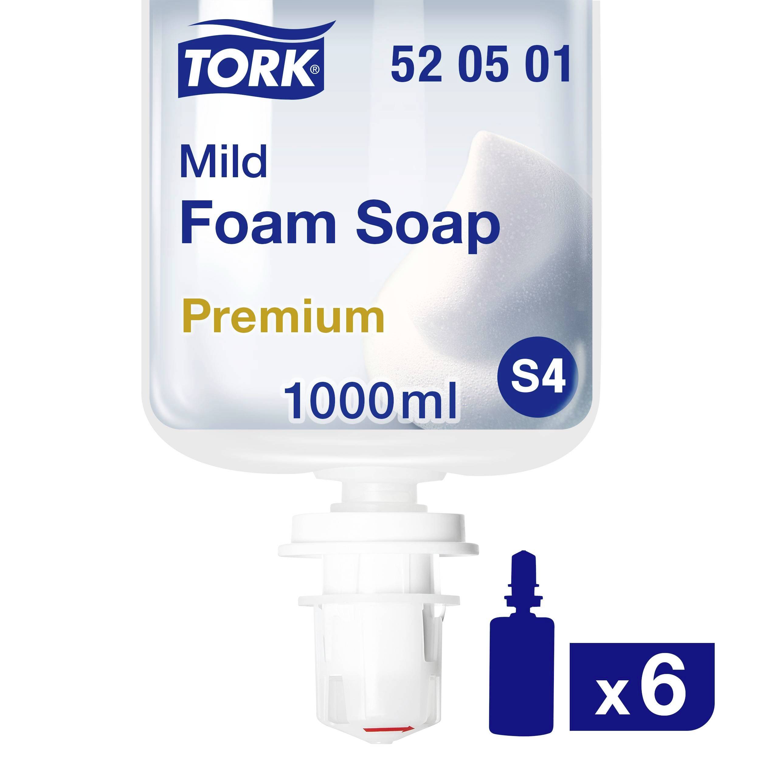 'TORK Mild Foam Soap Premium', 1000ml navulverpakking, artikelnummer S4, afgebeeld met pomp. Verpakking bevat 6 stuks.