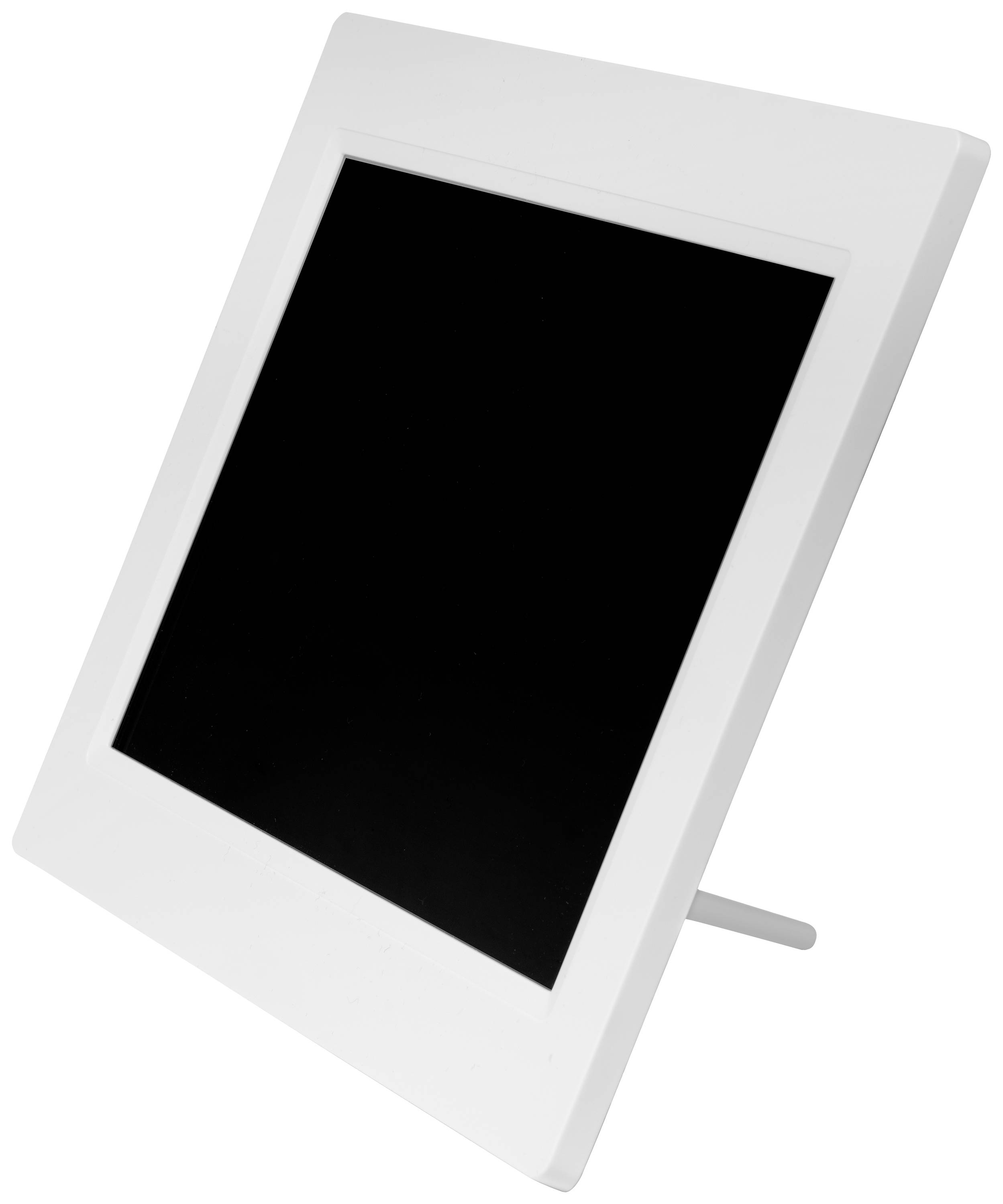 Digitale fotolijst met witte rand op een standaard, scherm zwart. Geschikt voor het weergeven van digitale foto's of kunst.