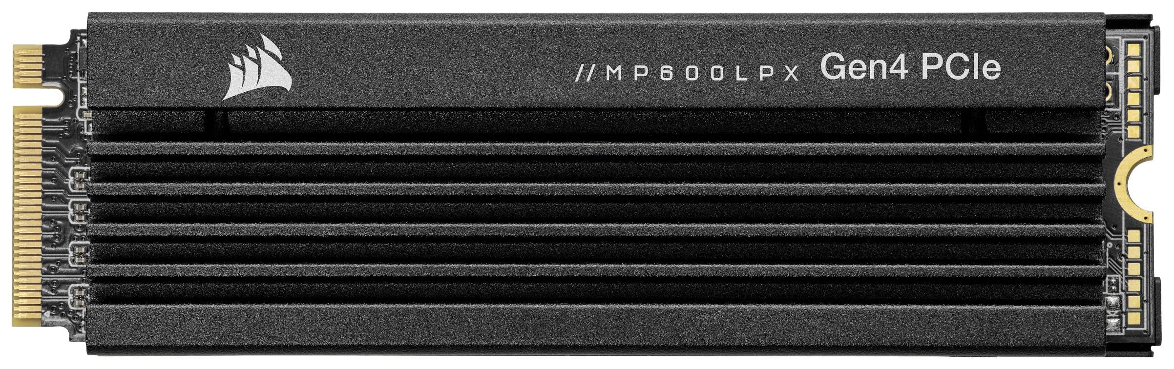 Een zwarte PCIe Gen4-SSD met heatspreader, liggend aan de zijkant. Bovenaan staat 'MP600 LPX Gen4 PCIe' in het wit geschreven.