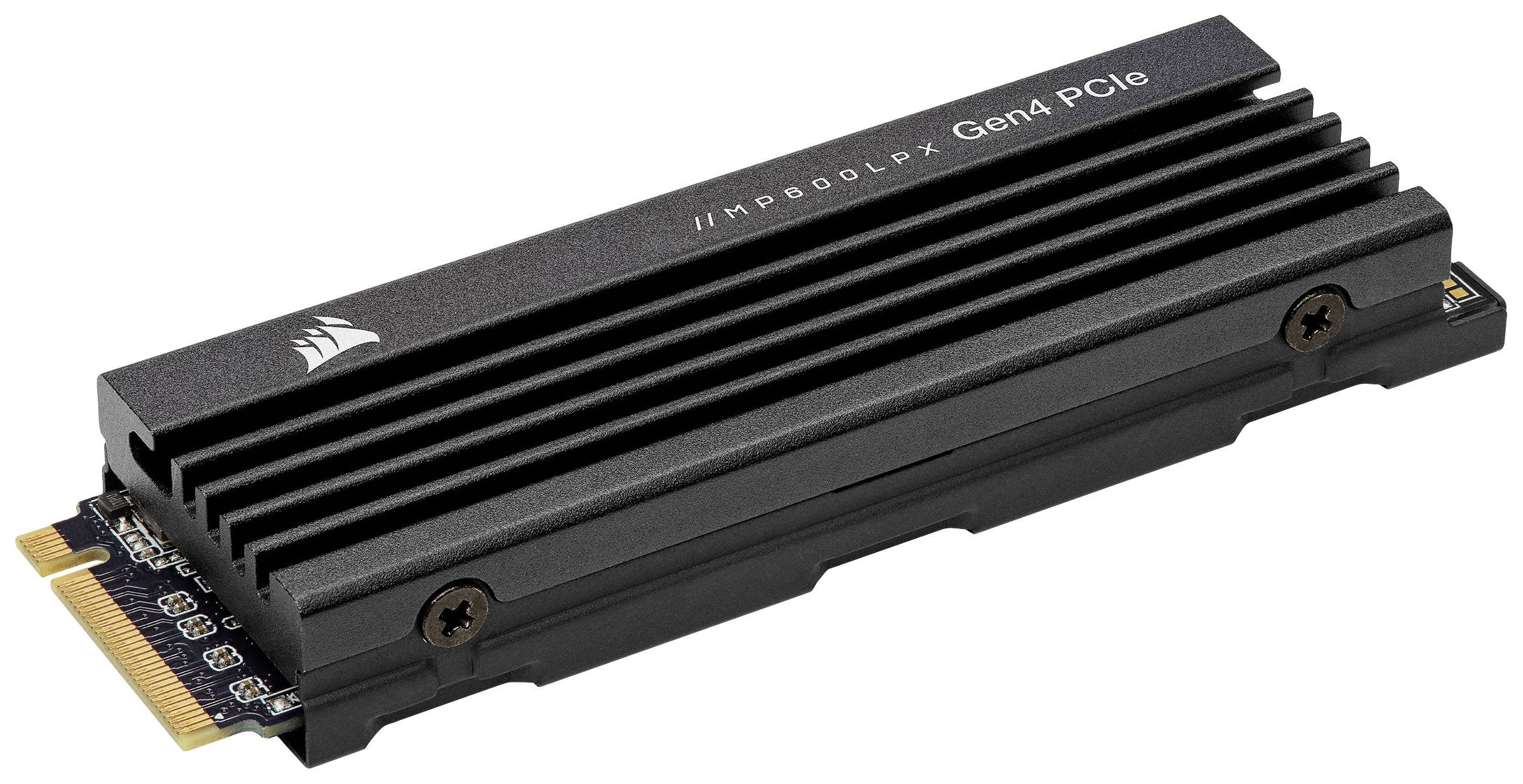 'Zwarte PCIe Gen4 SSD met koellichaam, zijaanzicht.'