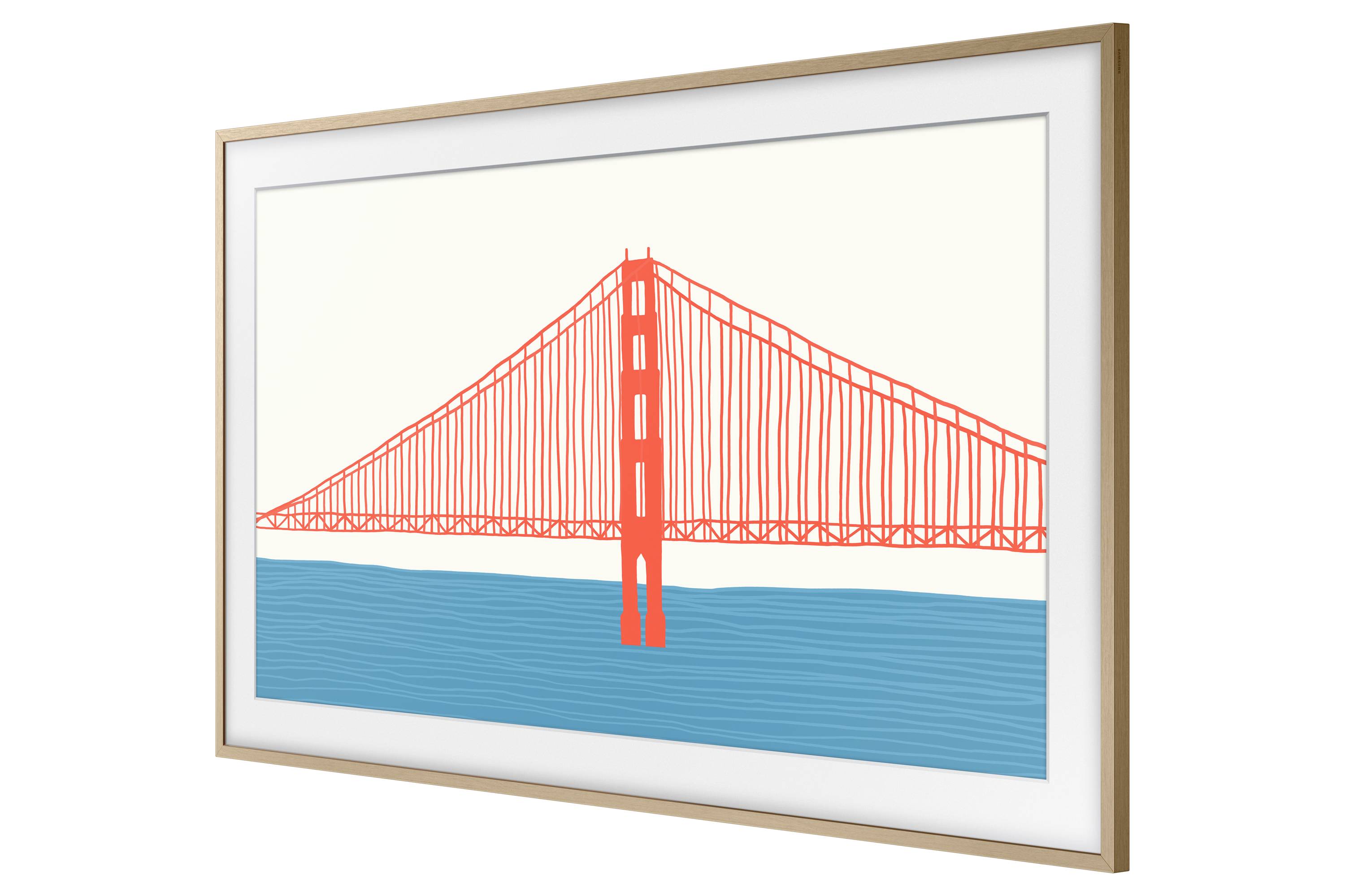 Illustratie van een rode hangbrug over blauw water, in een wit frame met houten bekleding.