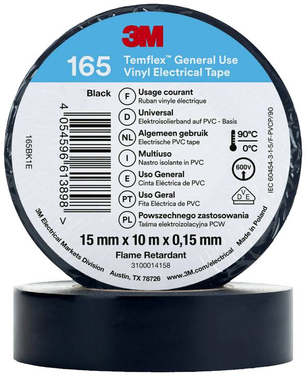 3M Temflex™ 165 165BK1E Isolatietape Temflex 165 Zwart (l x b) 10 m x 15 mm 1 stuk(s)