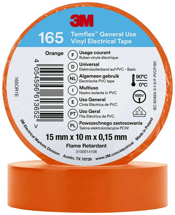 3M Temflex™ 165 165OR1E Isolatietape Temflex 165 Oranje (l x b) 10 m x 15 mm 1 stuk(s)
