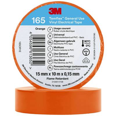 De afbeelding toont een rol oranje 3M Temflex universeel isolatietape. Op het etiket staan specificaties zoals afmeting en temperatuurbestendigheid.