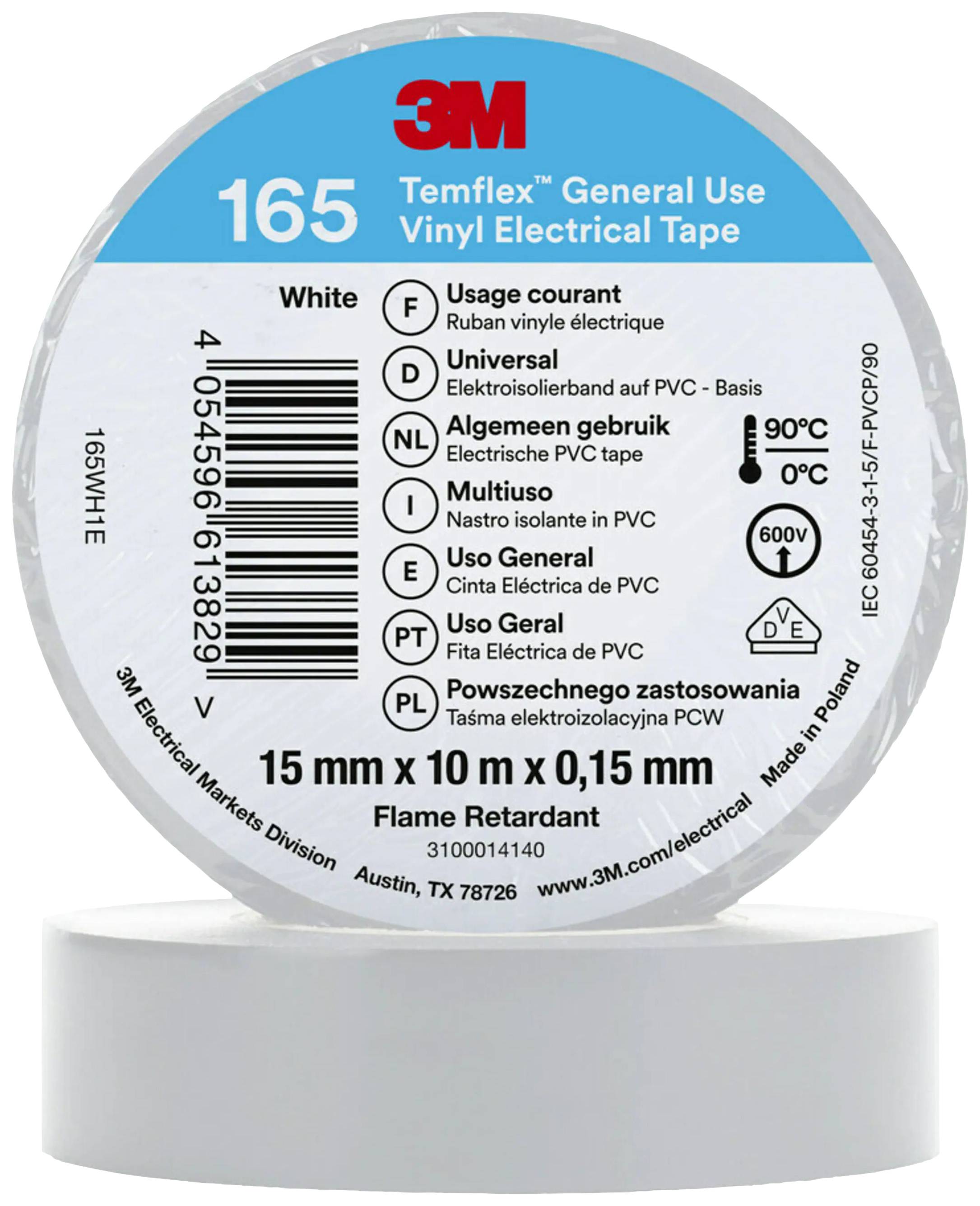 Ronde rol met wit vinyl-isolatietape van 3M, voor algemene elektrische toepassingen, 15 mm x 10 m, vlamvertragend, geschikt tot 90°C.