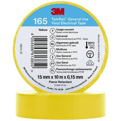 Geel 3M vinyl-elektriciteitsisolatiebandjes voor algemeen gebruik, 15 m × 10 mm, brandvertragend, geschikt voor temperaturen tot 90°C.