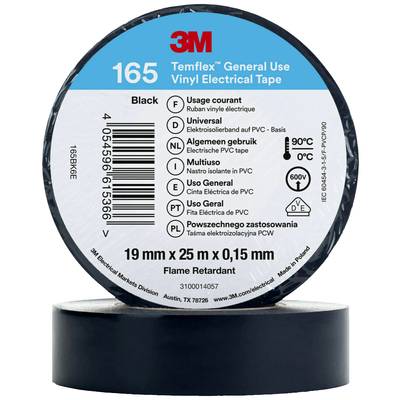 '3M Temflex Universele Vinyl Elektrische Tape' in Zwart. 19 mm x 25 m x 0,15 mm. Bestendig tot 90°C, vlamvertragend.