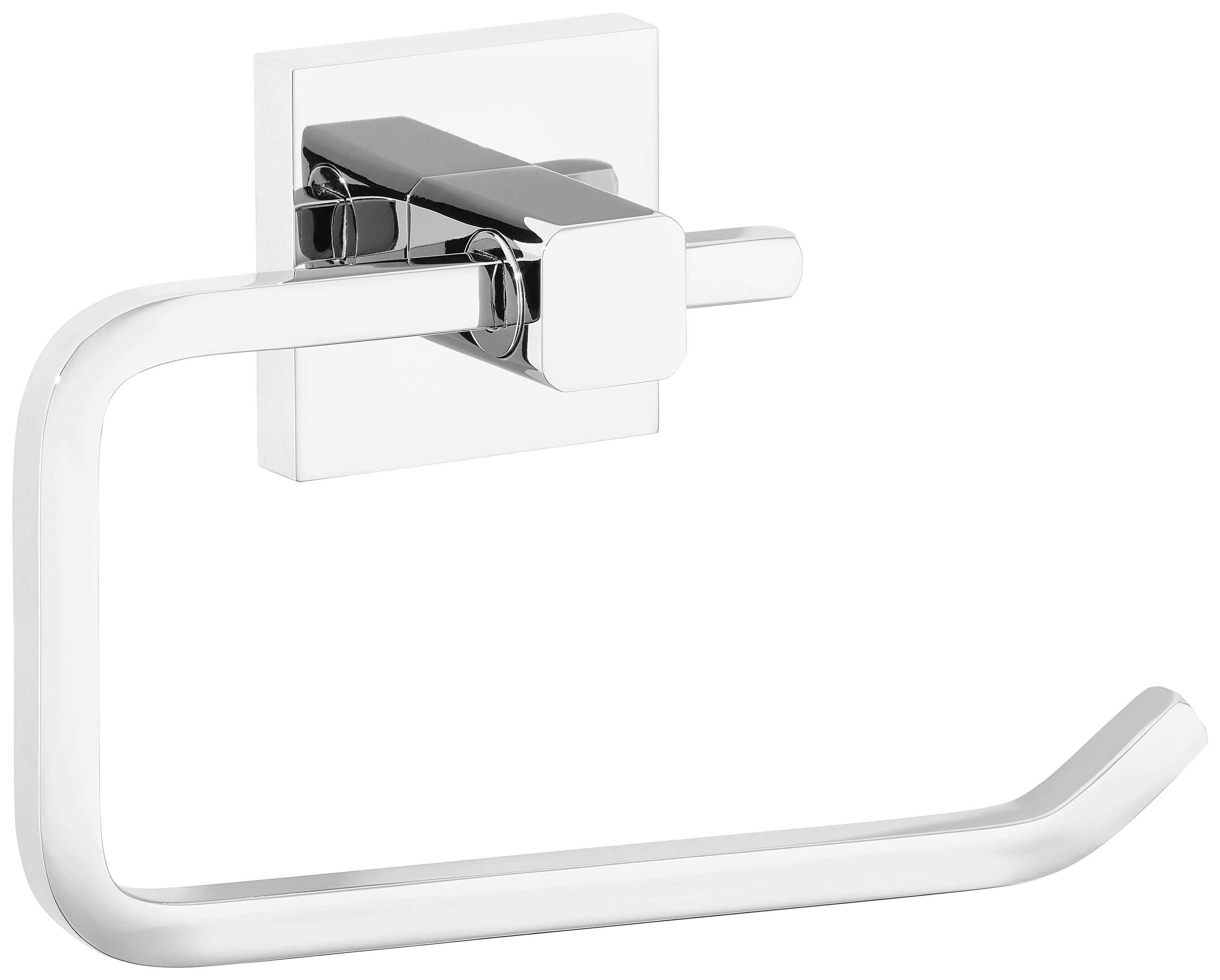 Chroom toiletrolhouder met rechthoekige wandbevestiging en gebogen arm voor het ophangen van de rol.