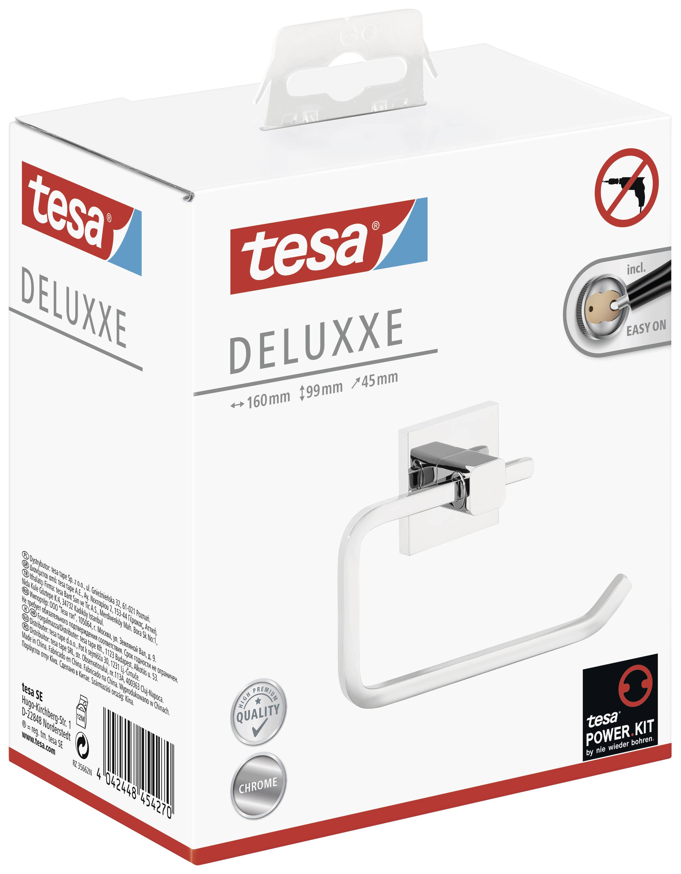 'Tesa DELUXXE' Toiletrolhouder met Easy-On-technologie, chroomkleurig, afgebeeld op productverpakking met kwaliteitskenmerken.