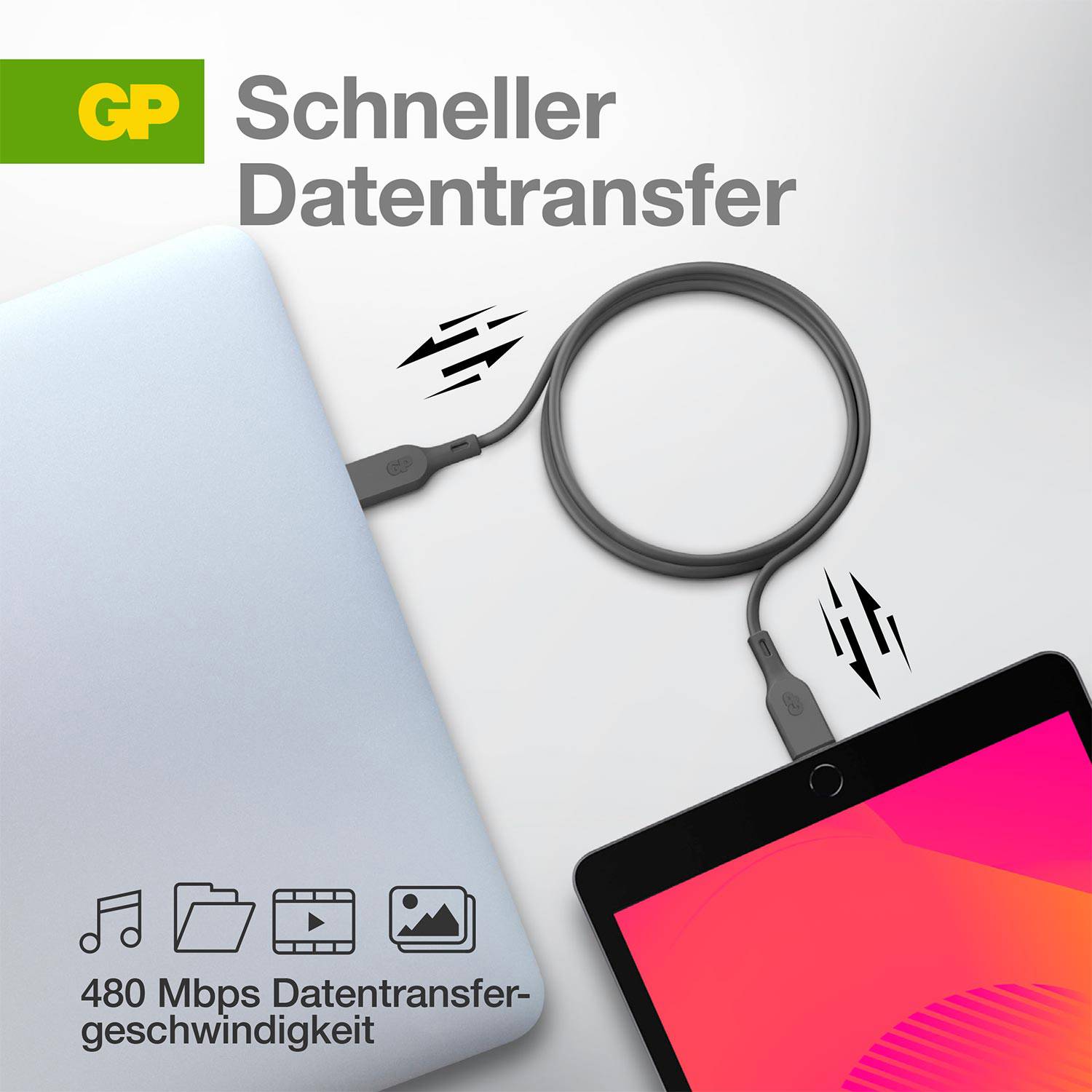 Een tablet en een laptop verbonden door een kabel met symbolen voor muziek, video en bestandsoverdracht. Tekst: 'Snelle datatransfer 480Mbps overdrachtssnelheid'.