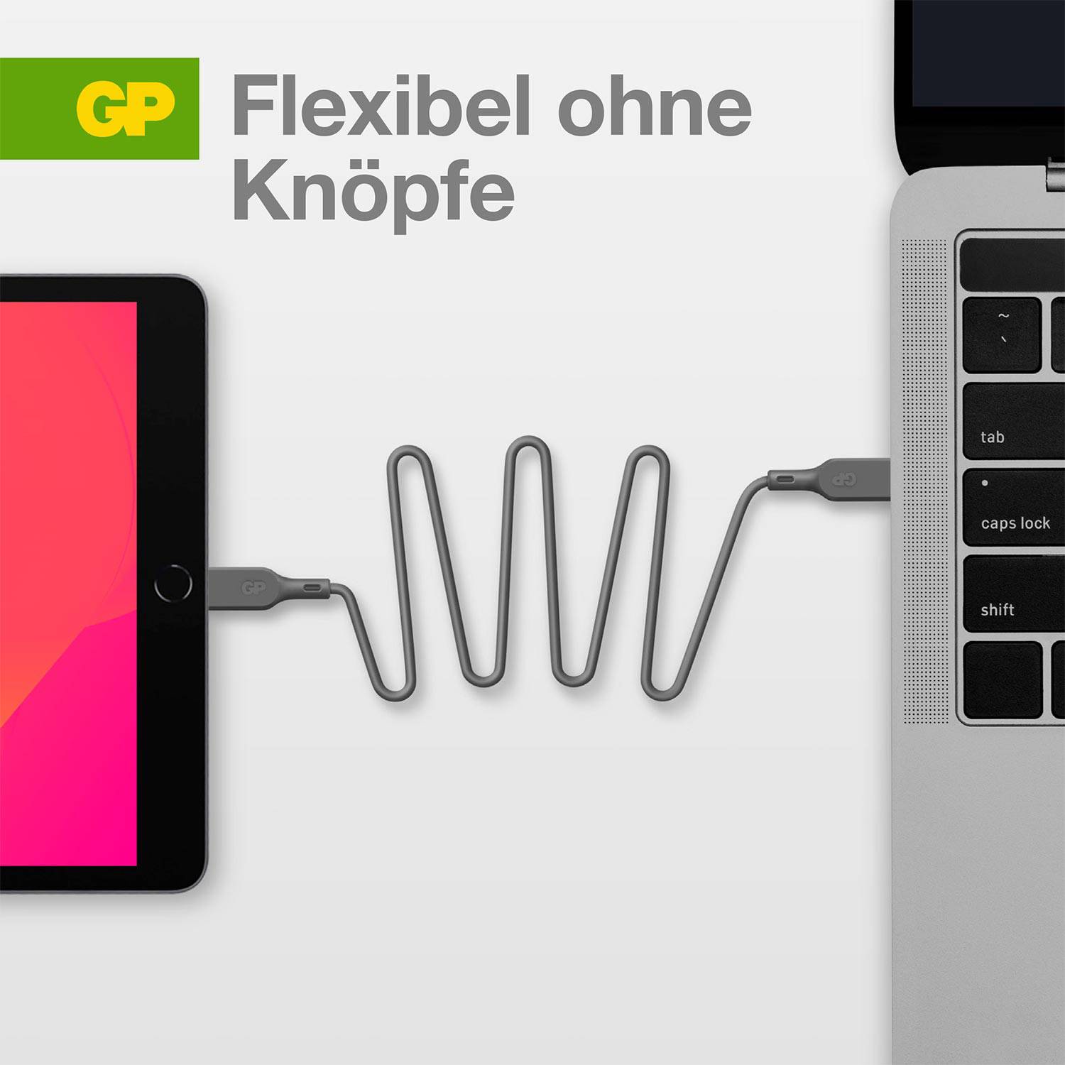Tablet en laptop verbonden door een flexibel kabel. Tekst: 'Flexibel zonder knoppen'. Weergave van draadloze connectiviteit.