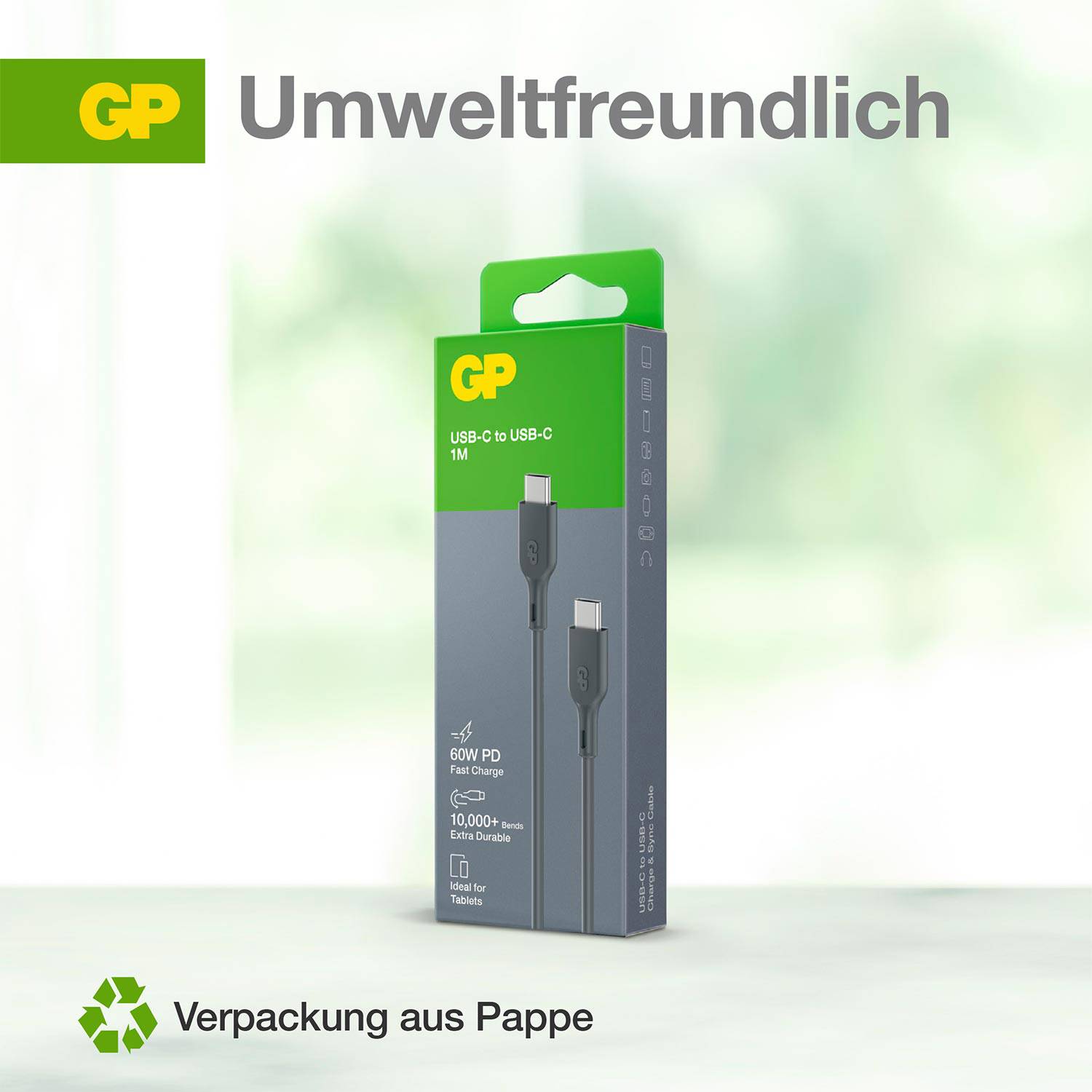 'Milieuvriendelijk' staat boven een verpakking voor een USB-C naar USB-C-kabel. Linksonder een logo met 'Verpakking van karton'.