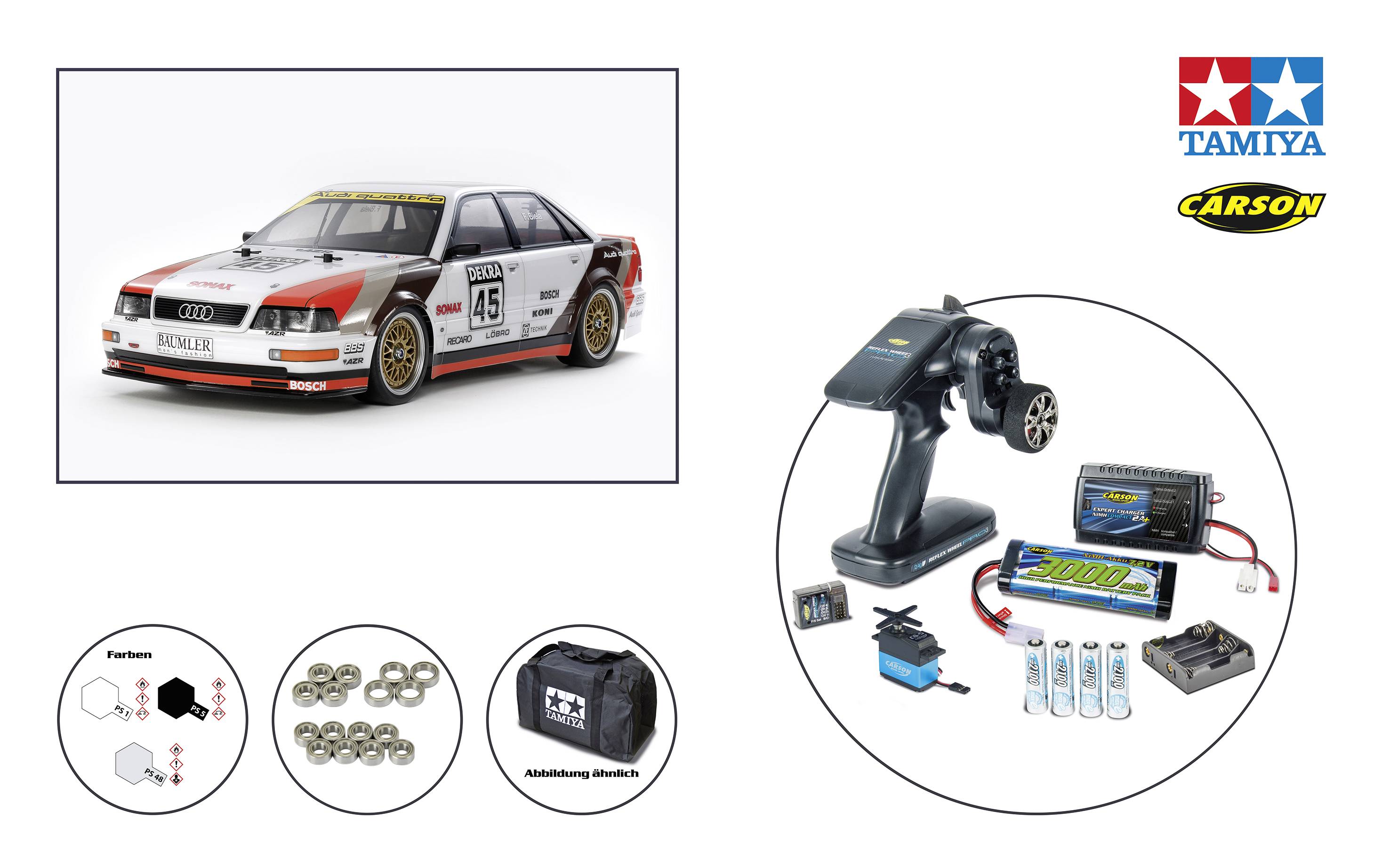 Een modelauto in raceauto-design, een besturingsapparaat, batterijen, oplader en accessoiredelen in een cirkel gerangschikt. Rechtsboven merkenlogo's.