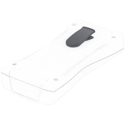 3D-model van een plat, rechthoekig apparaat met afgeronde hoeken en een zwarte clip aan de bovenkant, schuin bovenaanzicht.