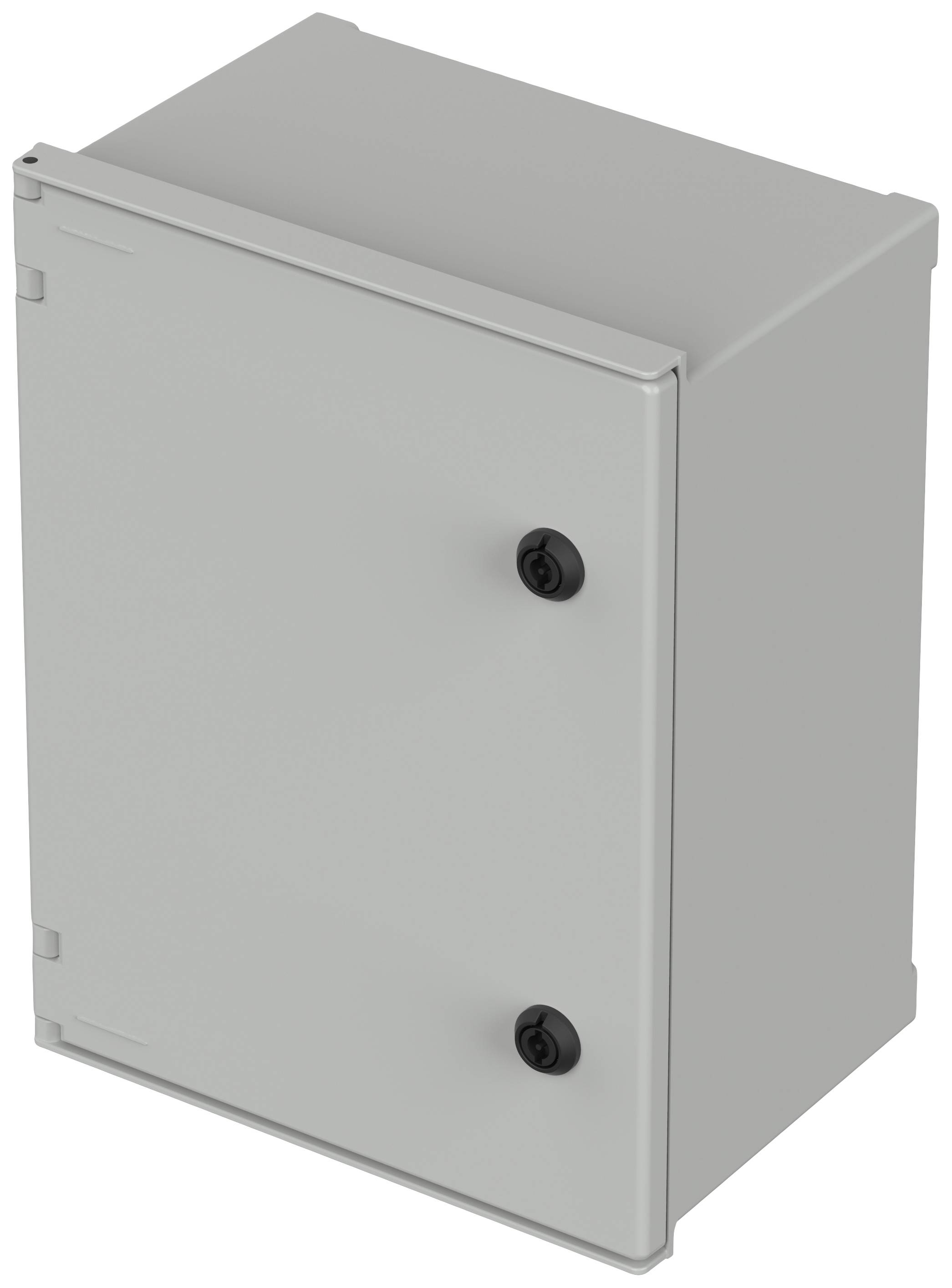 Een grijs, rechthoekig metalen behuizing met twee zwarte draaiknoppen aan de voorkant, geschikt voor het huisvesten van elektronica.
