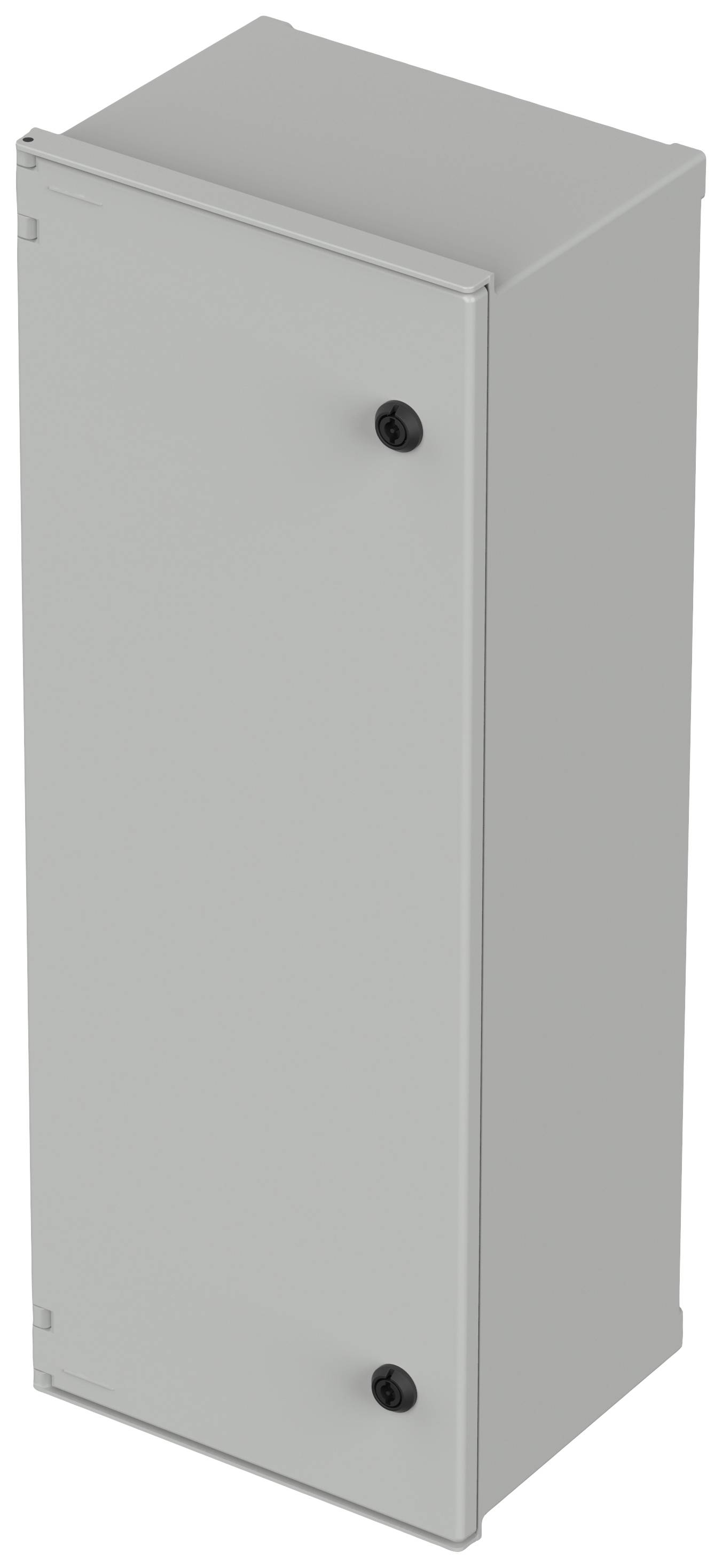 Grijze, rechthoekige metalen kast met twee zwarte handgrepen aan de voorkant, mogelijk bedoeld voor opslag of technische apparatuur.