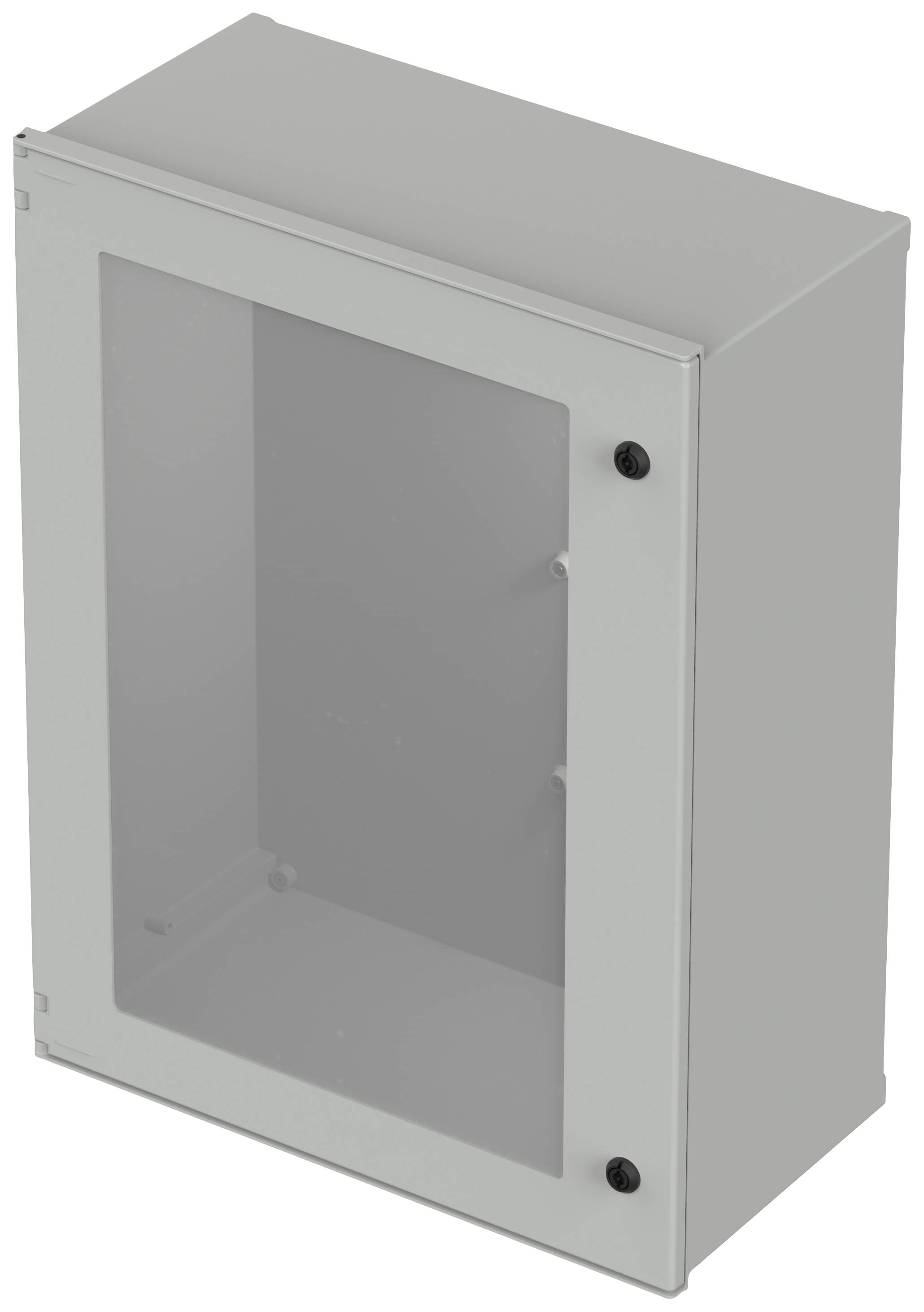 Een grijze metalen kast met een transparante glazen deur, beveiligd met twee zwarte draaisloten.