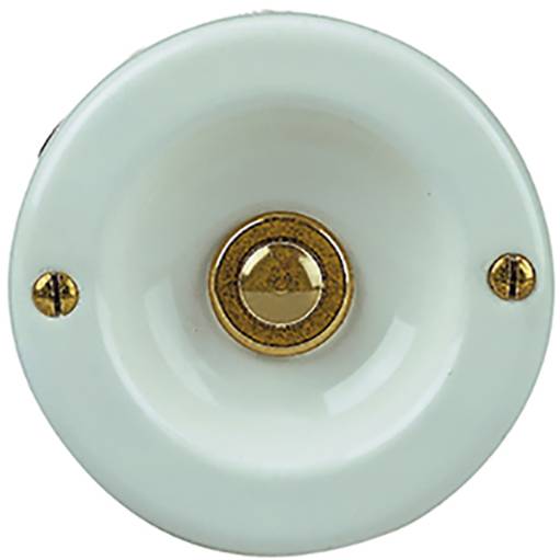 Een antieke, witte deurbel met een goudkleurige knop en twee schroeven omlijst; klassiek design voor decoratieve doeleinden.